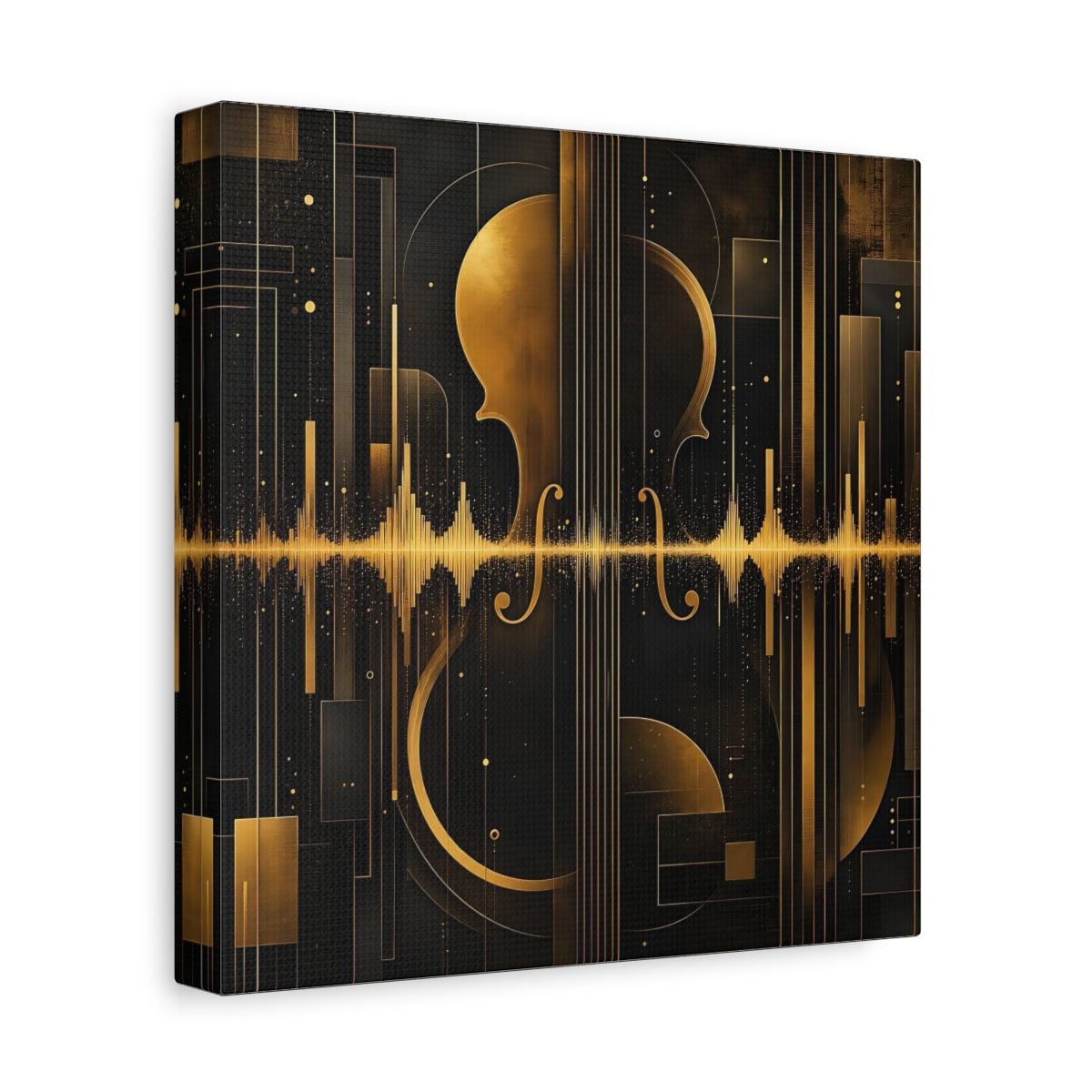 Side Mockup 9. Abstract Violin Black And Gold shown as stretched canvas wall art