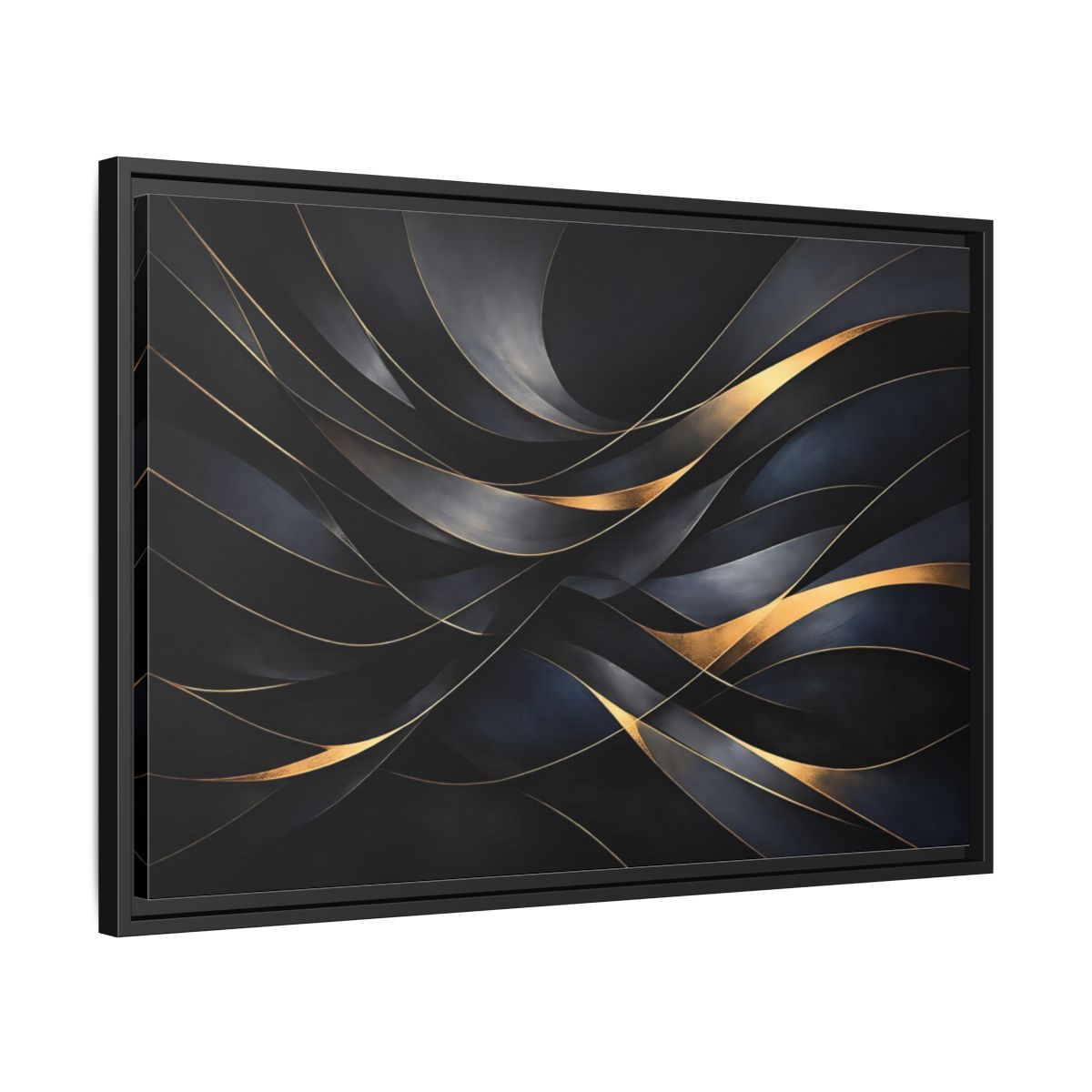 Side Mockup 14. Abstract Abstract Waves Black And Gold shown as stretched canvas wall art