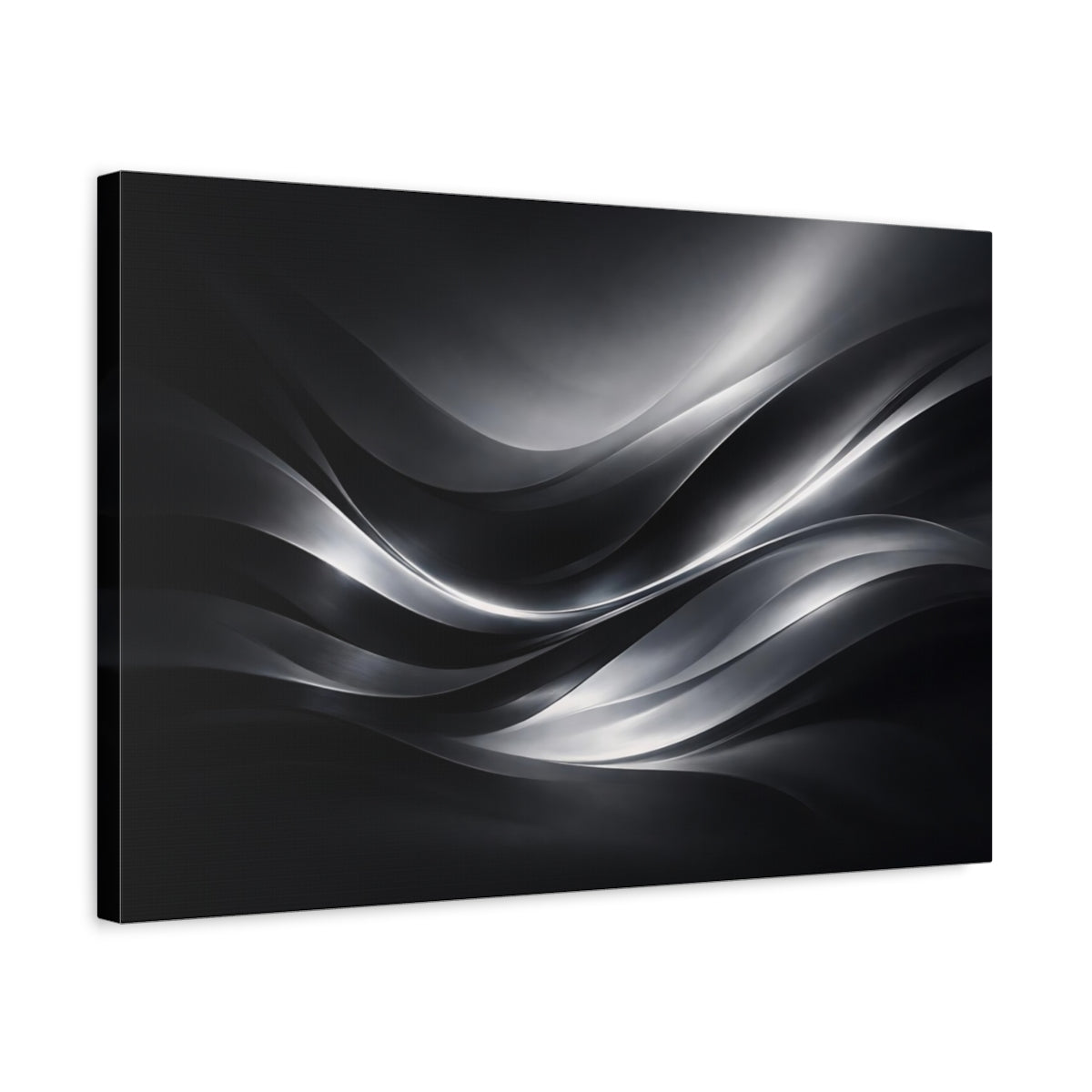 Side Mockup 3. Abstract Abstract Waves Black And Silver shown as stretched canvas wall art