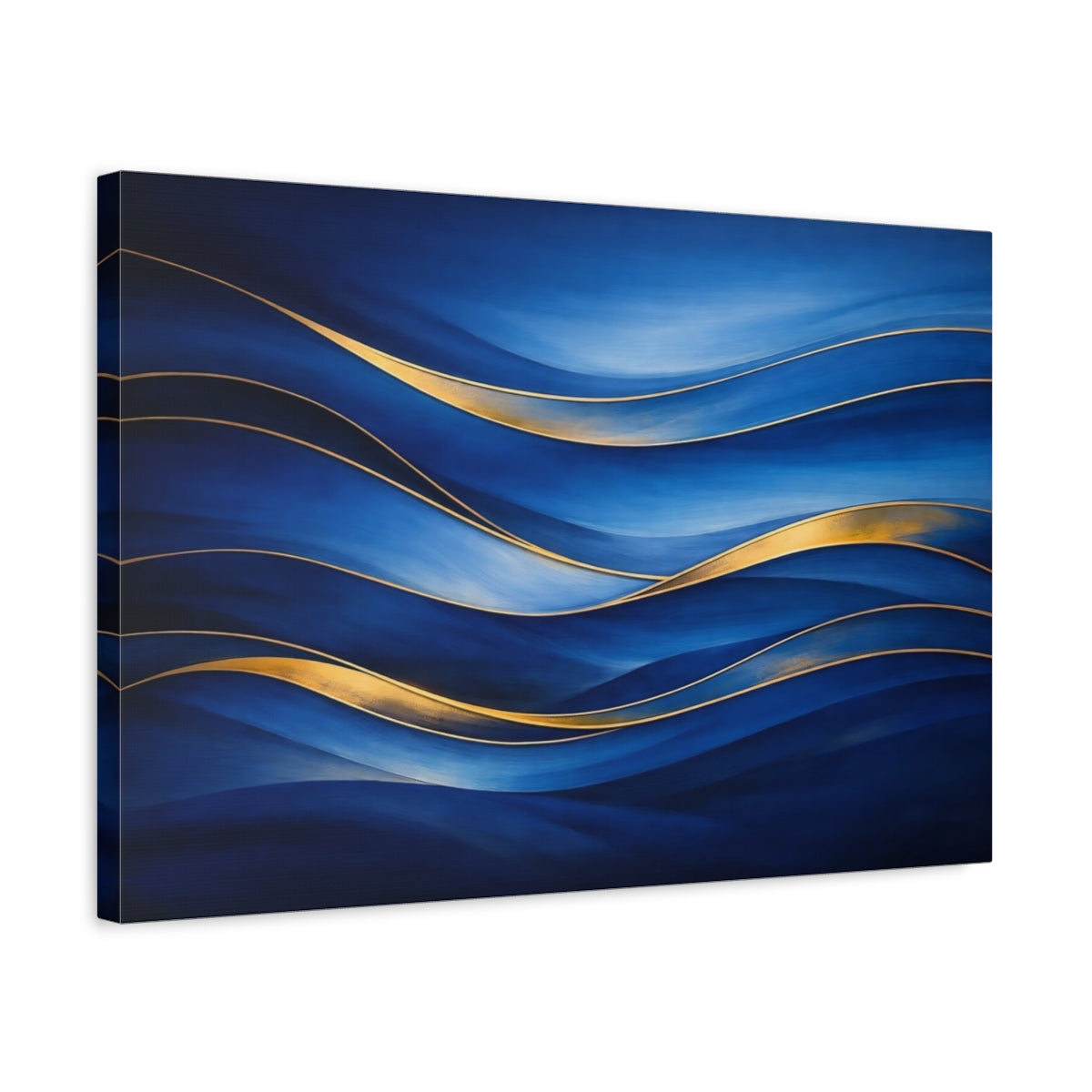 Side Mockup 3. Abstract Abstract Waves Blue And Gold shown as stretched canvas wall art