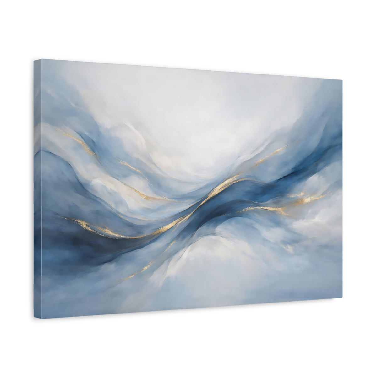 Side Mockup 3. Abstract Abstract Waves Blue And Gold shown as stretched canvas wall art