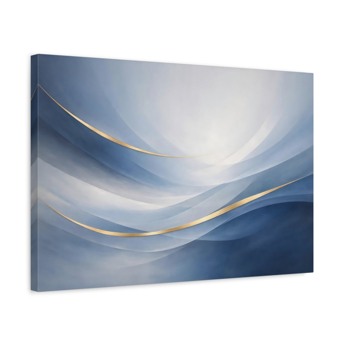 Side Mockup 3. Abstract Abstract Waves Blue And Gold shown as stretched canvas wall art