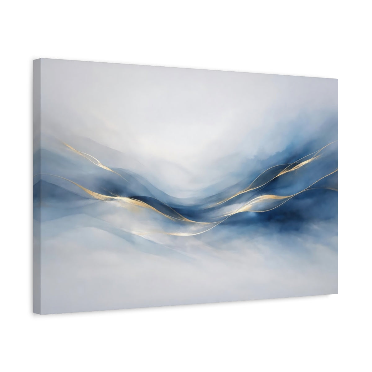 Side Mockup 3. Abstract Abstract Waves Blue And Gold Abstract shown as stretched canvas wall art