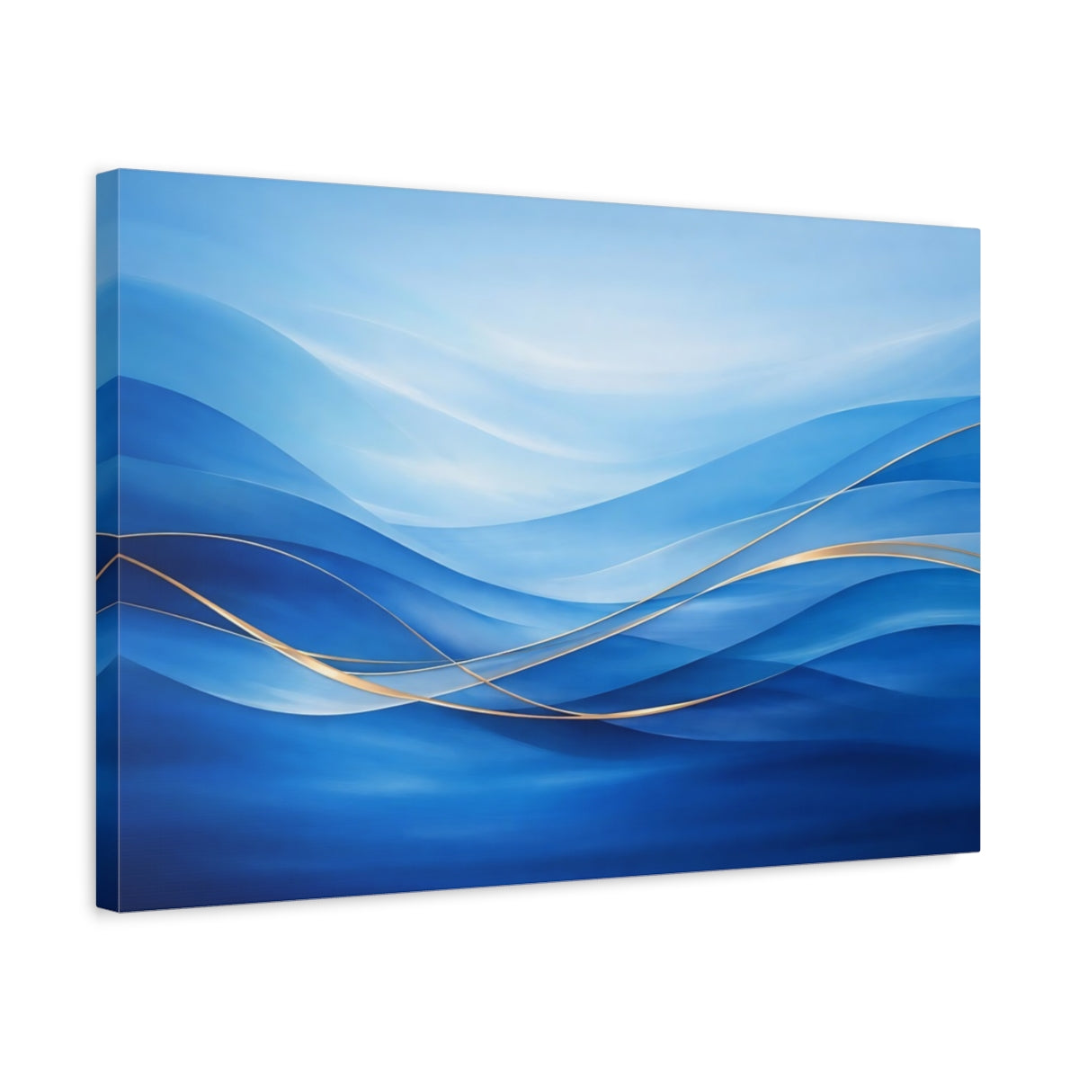 Side Mockup 3. Abstract Abstract Waves Blue Gold Waves shown as stretched canvas wall art