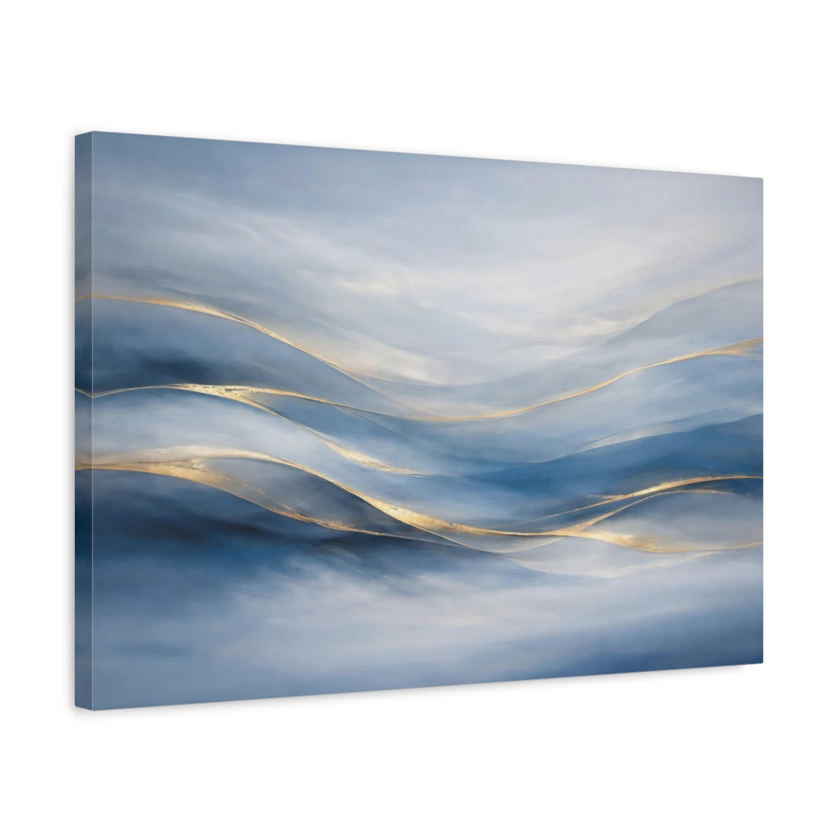 Side Mockup 3. Abstract Abstract Waves Blue Gold Abstract shown as stretched canvas wall art