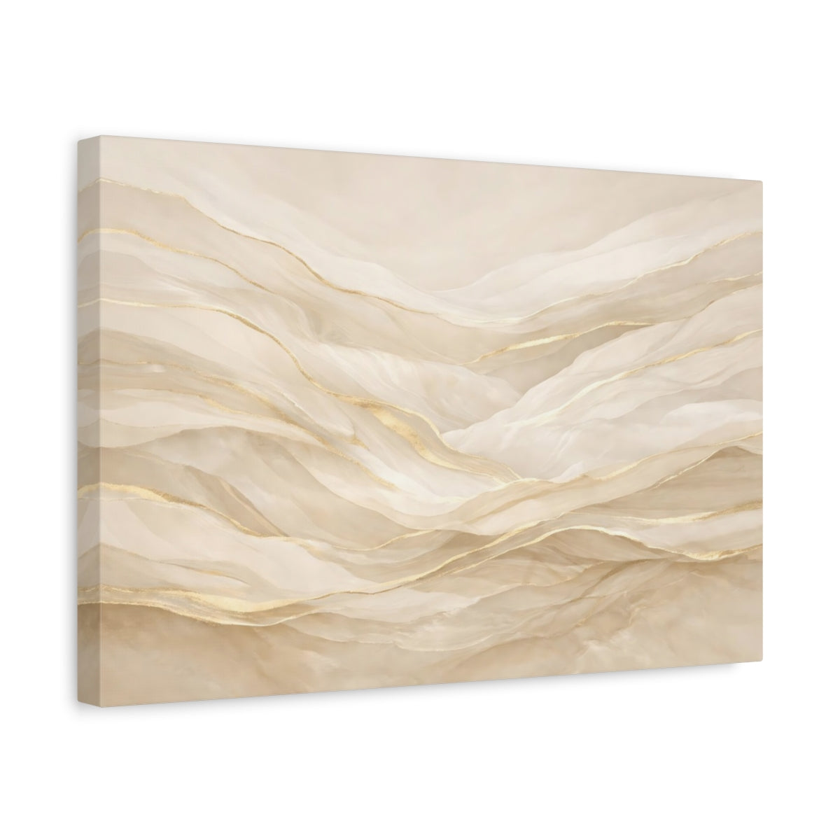 Side Mockup 4. Abstract Abstract Waves Gold And Beige Abstract shown as stretched canvas wall art
