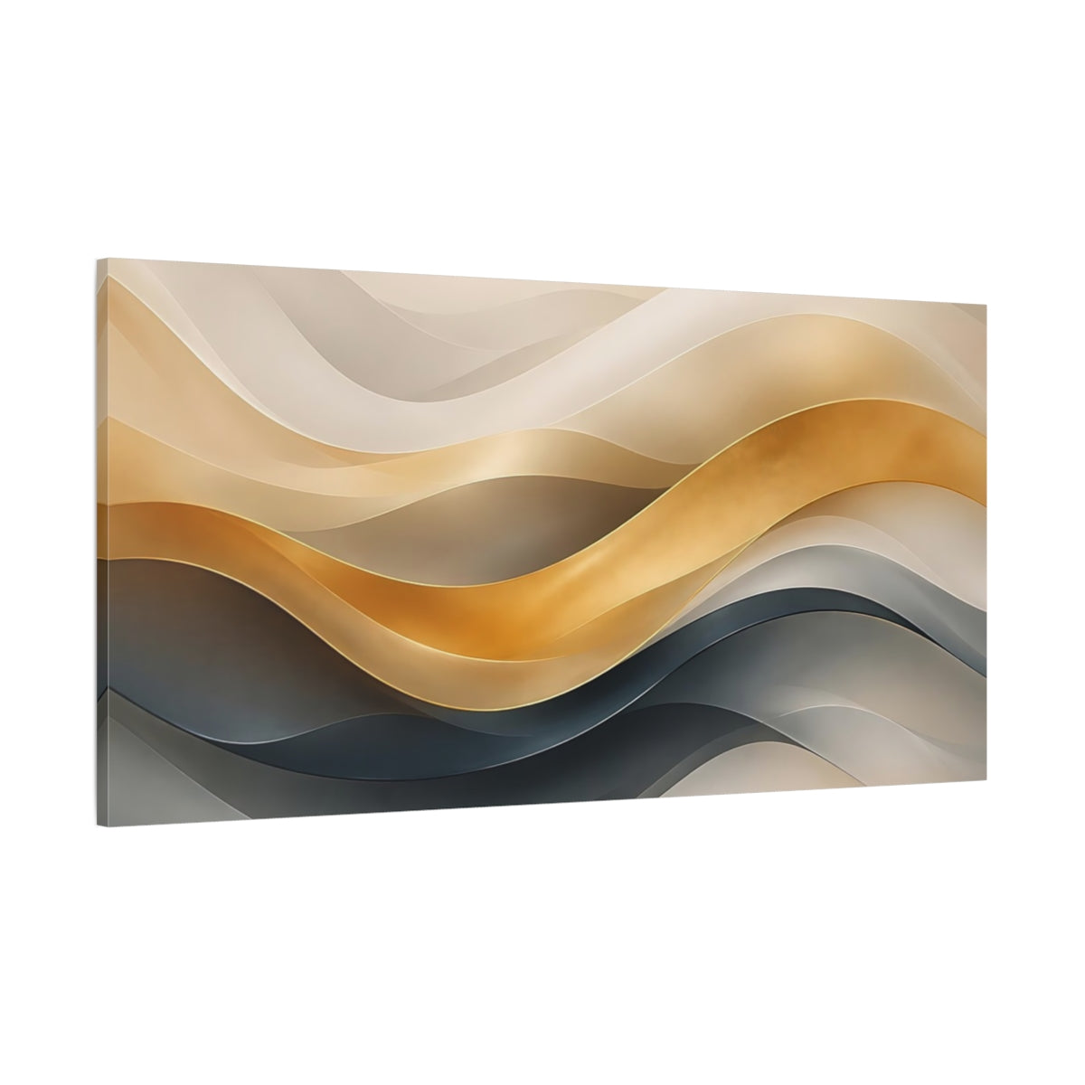 Side Mockup 2. Abstract Abstract Waves Gold And Gray Waves shown as stretched canvas wall art