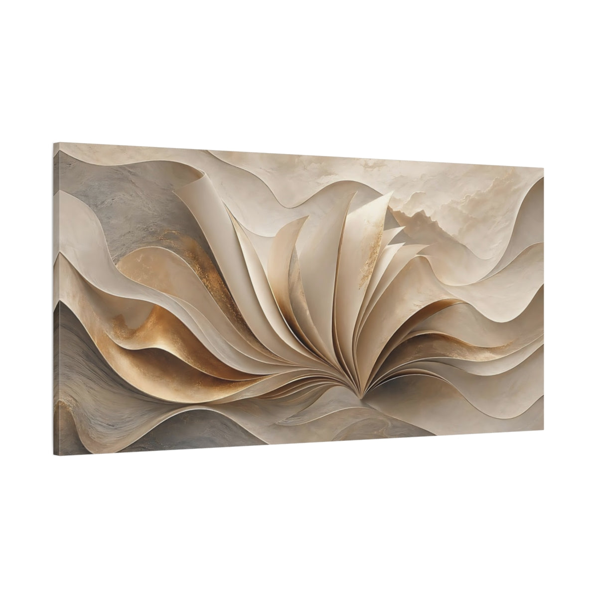 Side Mockup 2. Abstract Abstract Waves Gold And Neutral shown as stretched canvas wall art