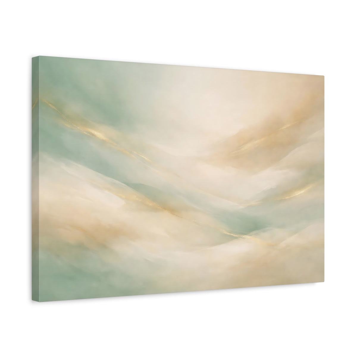 Side Mockup 3. Abstract Abstract Waves Mint Green Gold shown as stretched canvas wall art