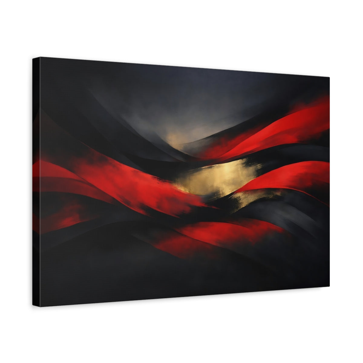 Side Mockup 3. Abstract Abstract Waves Red Gold Black shown as stretched canvas wall art