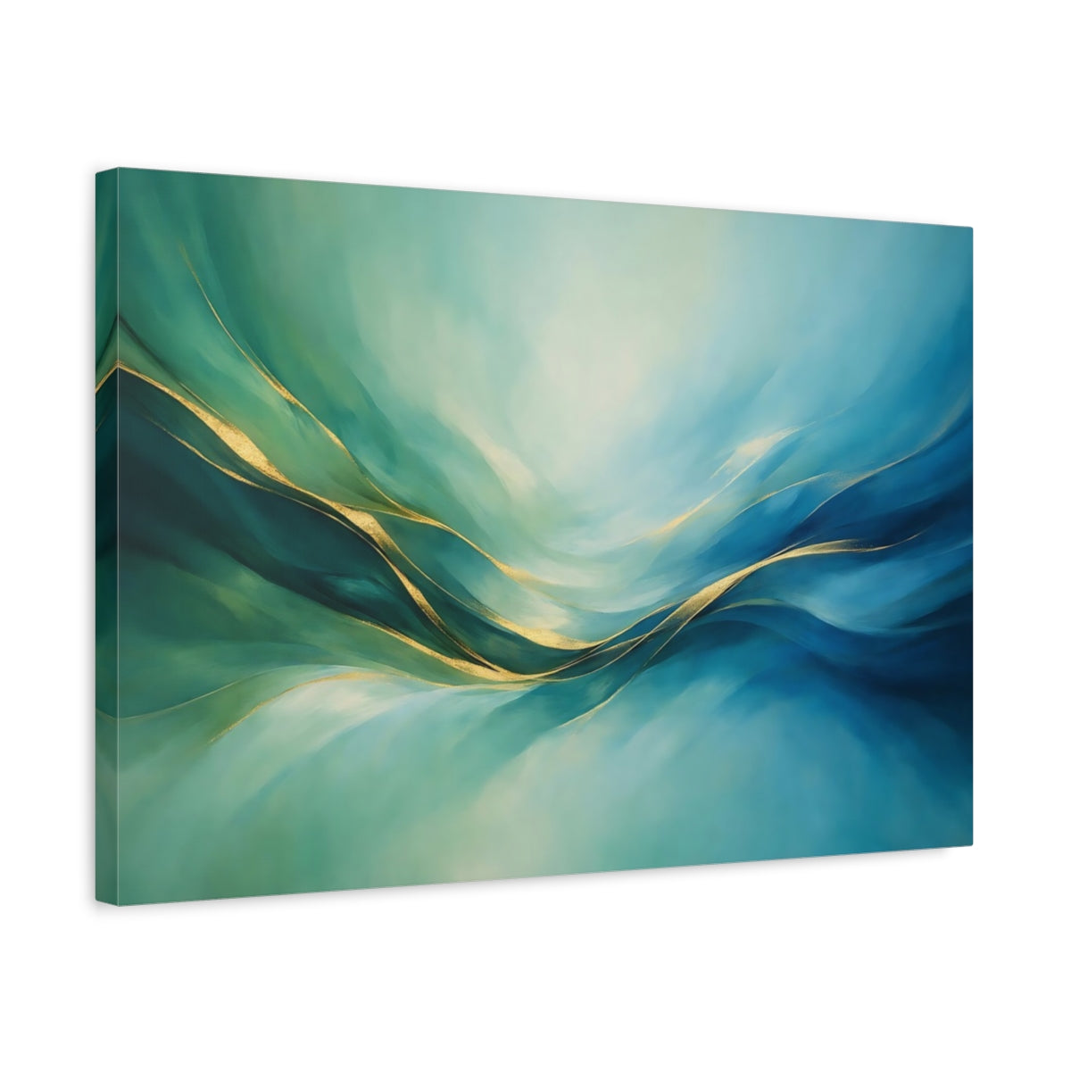 Side Mockup 3. Abstract Abstract Waves Teal Gold Abstract shown as stretched canvas wall art