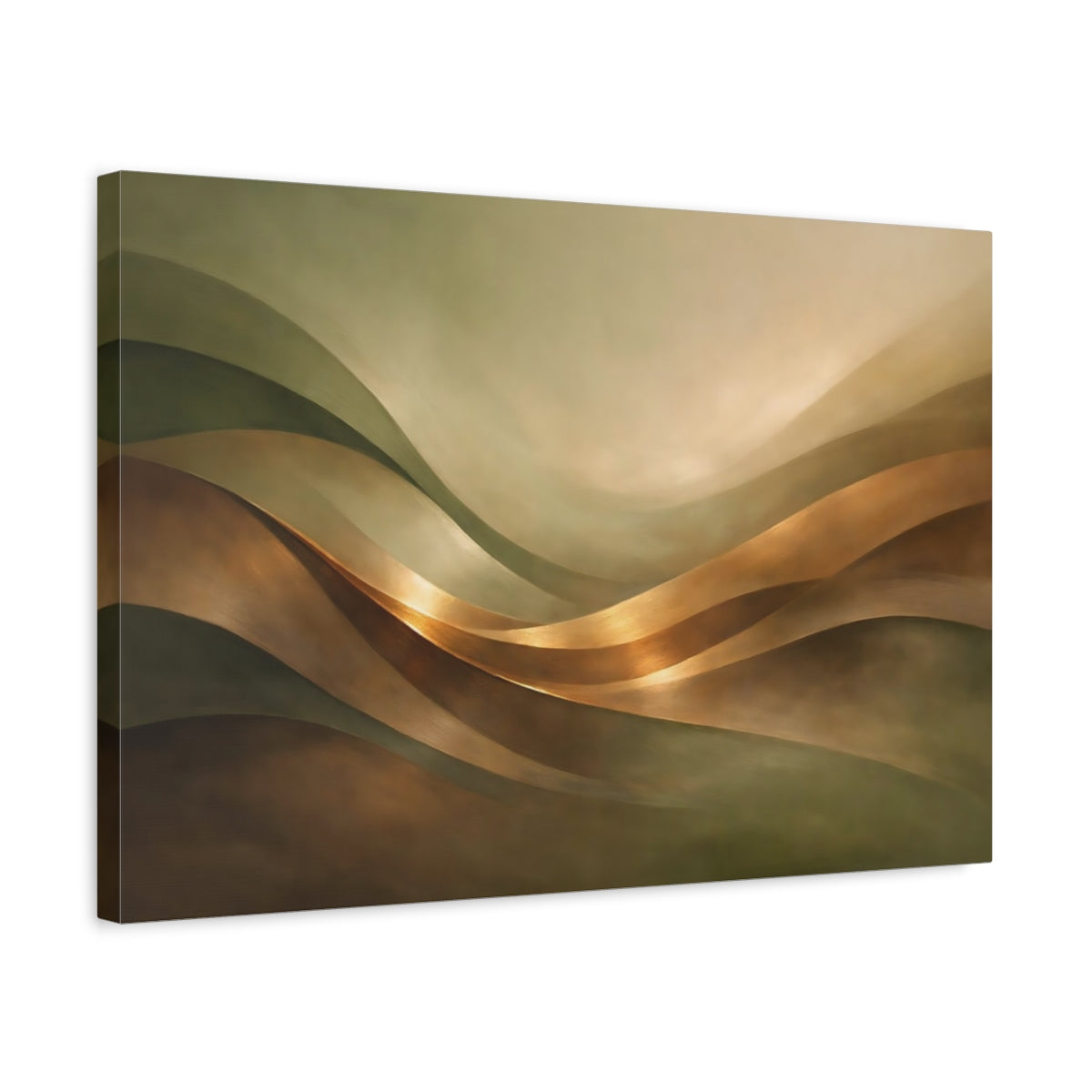 Side Mockup 3. Abstract Wavy Forms Gold And Green shown as stretched canvas wall art
