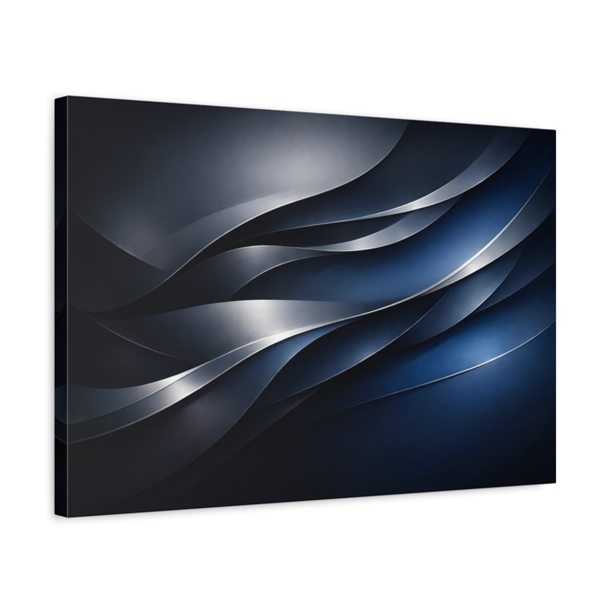 Side Mockup 3. Abstract Wavy Lines Blue And Silver shown as stretched canvas wall art