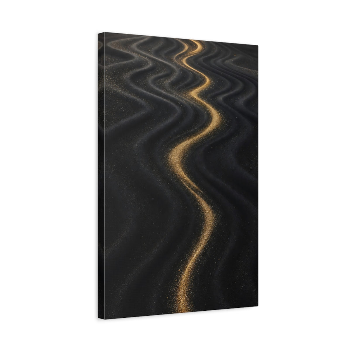 Side Mockup 3. Abstract Wavy Sand Gold And Black shown as stretched canvas wall art