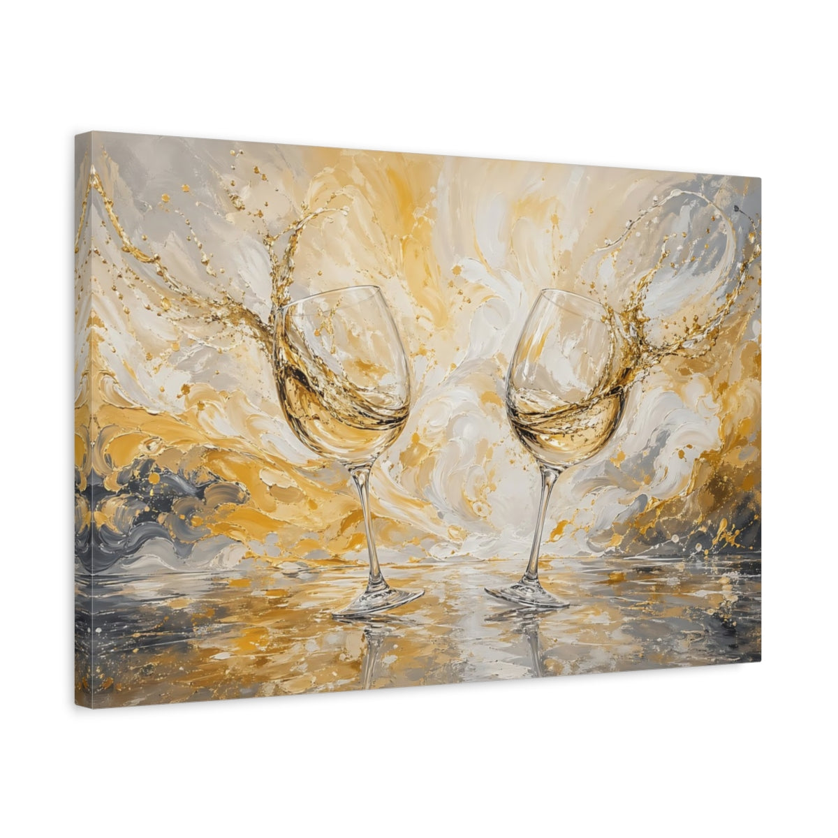 Side Mockup 3. Abstract Wine Glasses Gold And Gray Wine shown as stretched canvas wall art
