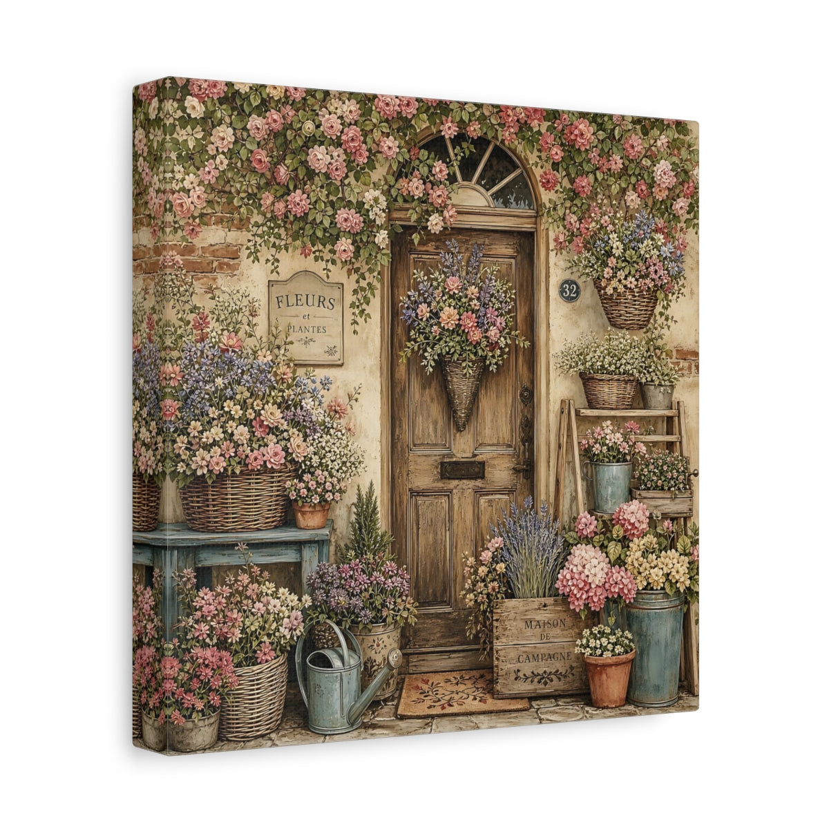 Side Mockup 9. Aged Vintage Print Cottage Entryway With Flower Baskets shown as stretched canvas wall art