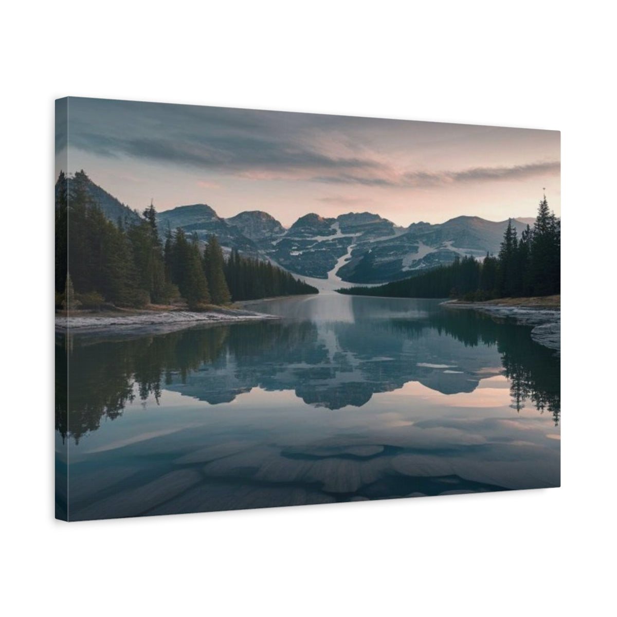 Side Mockup 3. Alpine Lake At Dusk shown as canvas print