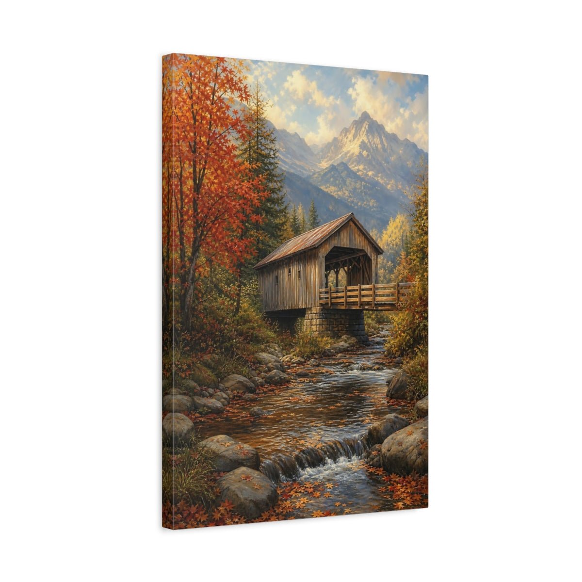Alpine Romantic Landscape Painting Covered Bridge Canvas Print – Living Room, Above Console Table, Autumn Tones - YesArtYes