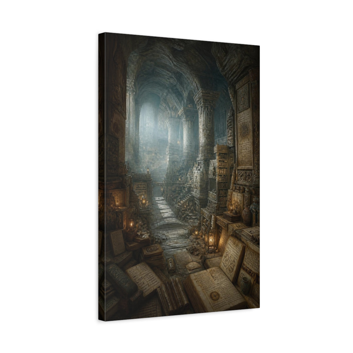 Side Mockup 3. Ancient Underground Library shown as canvas print