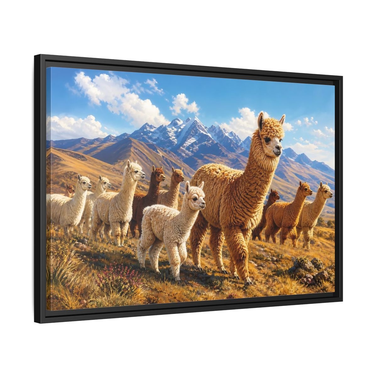 Animals Alpacas Landscape Framed Canvas Wall Art Print – Realistic Living Room, Above Fireplace - YesArtYes