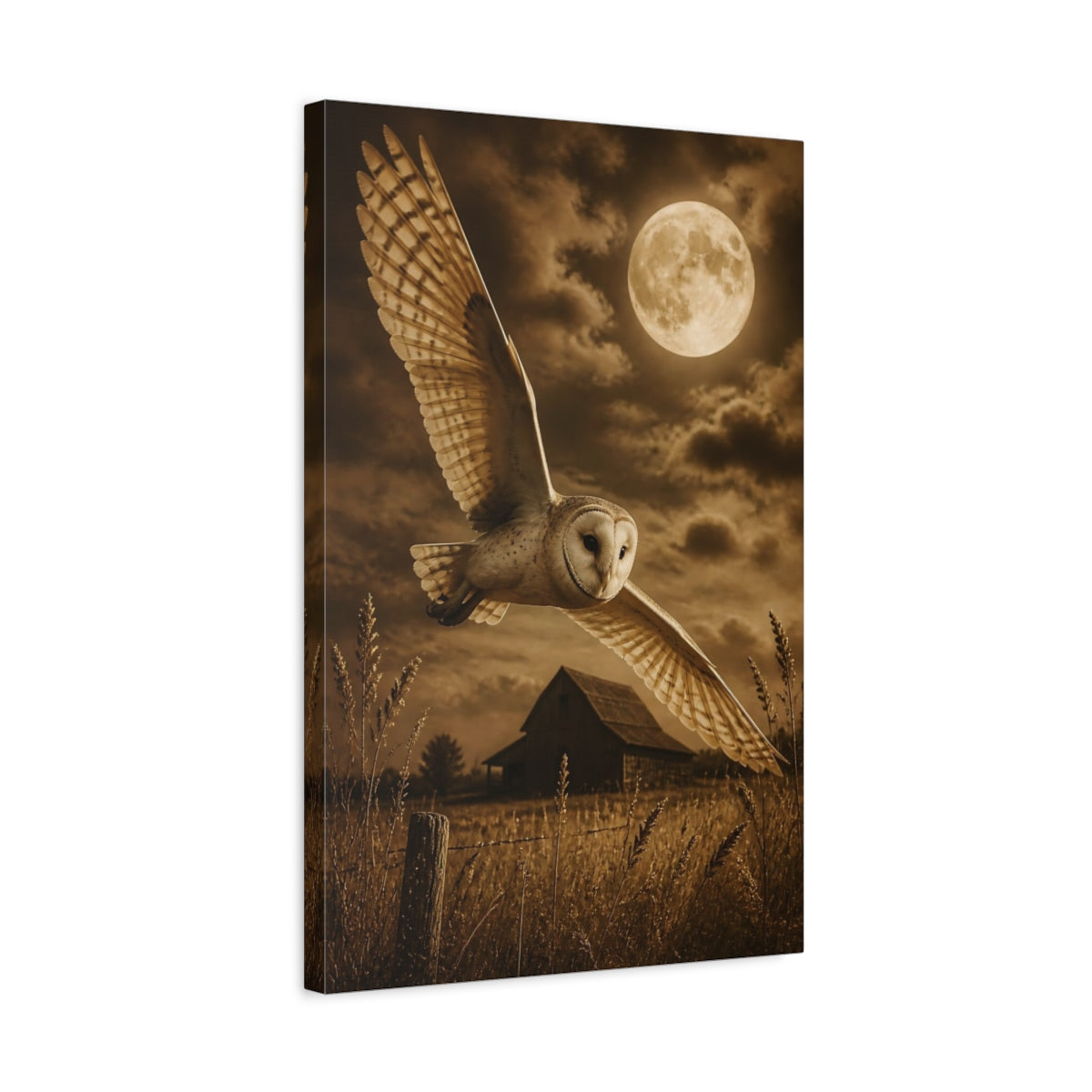 Side Mockup 3. Animals Barn Owl Moonlit Flight shown as canvas print