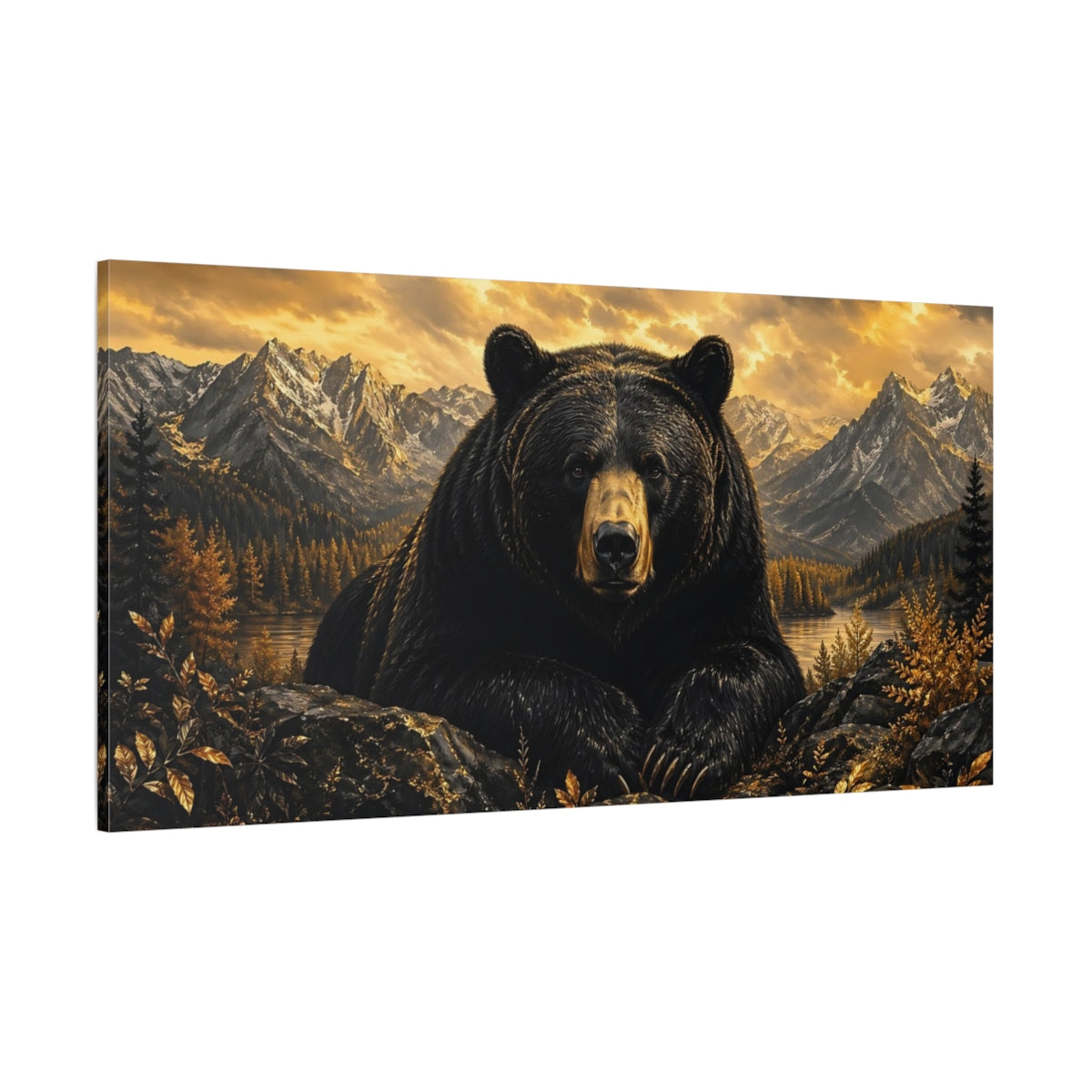 Side Mockup 2. Animals Black Bear Black Bear Gold shown as stretched canvas wall art