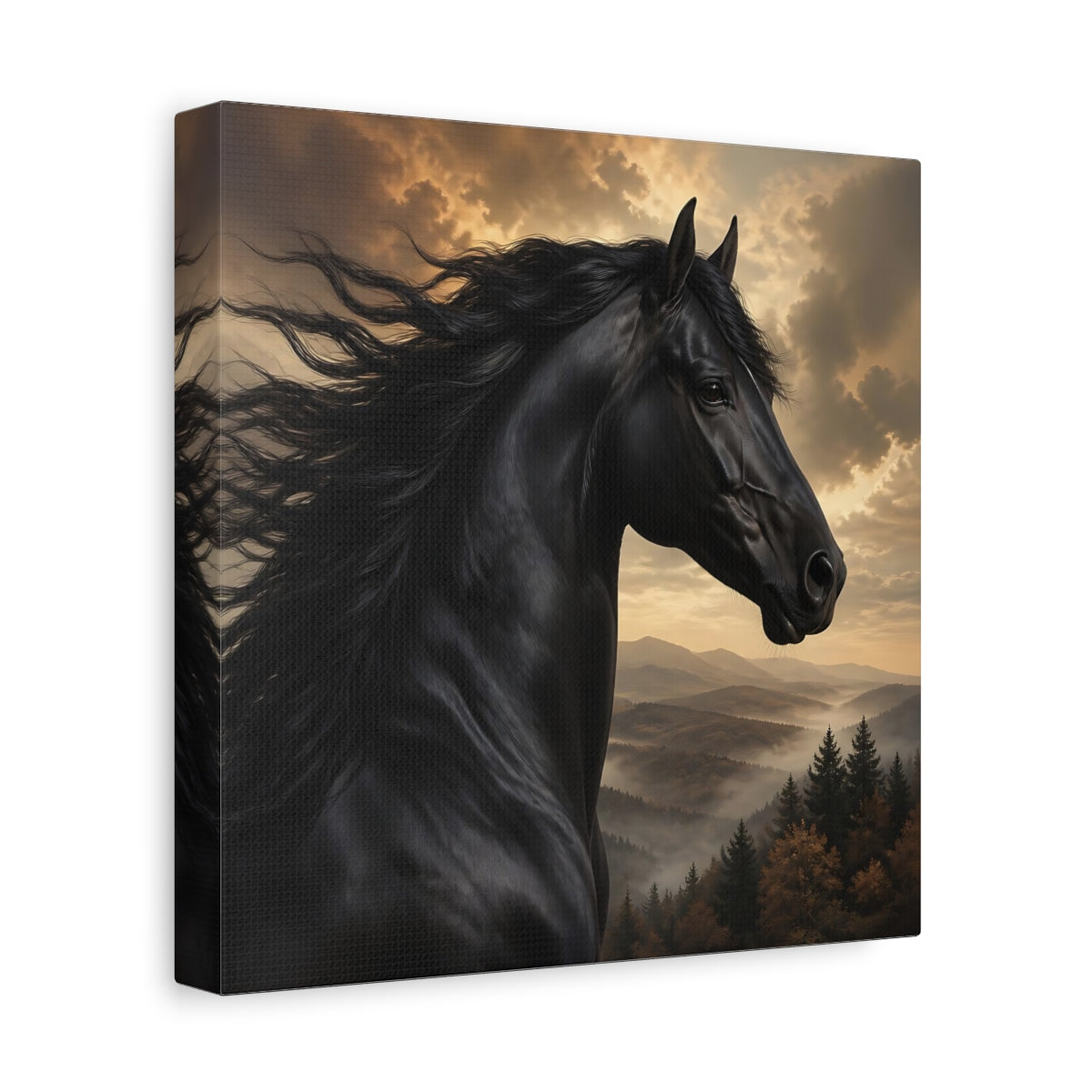 Side Mockup 9. Animals Black Horse Black And Gold shown as stretched canvas wall art