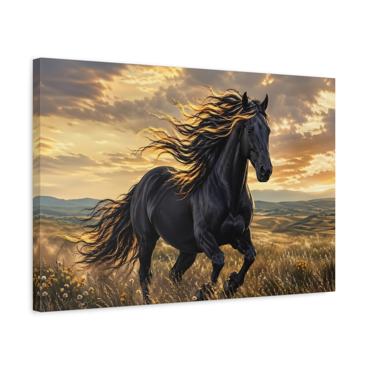 Side Mockup 3. Animals Black Horse Black And Gold Horse shown as stretched canvas wall art