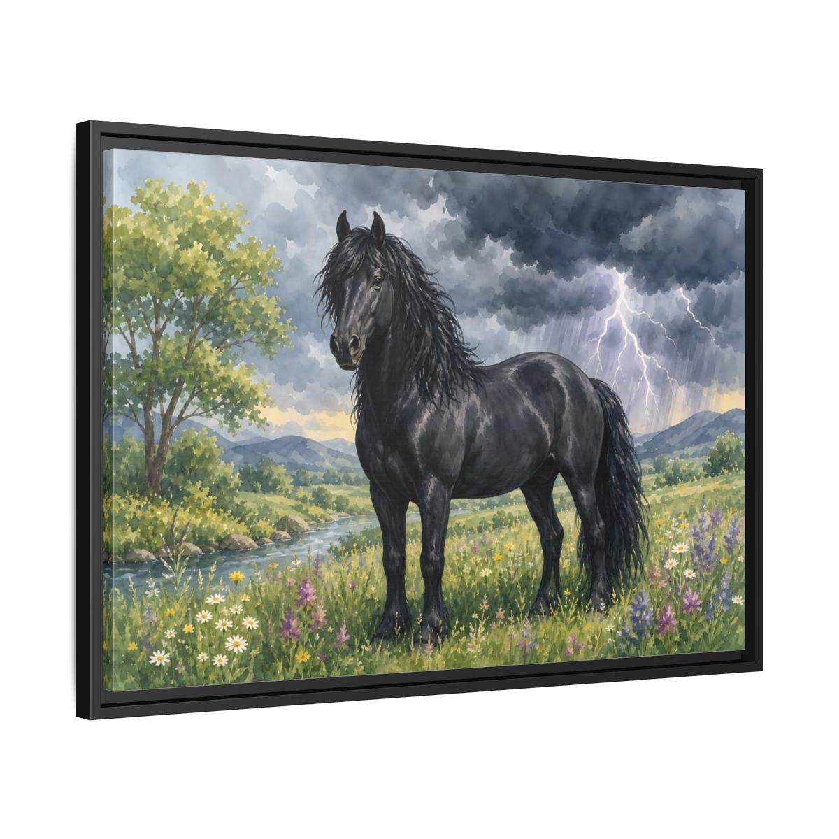 Side Mockup 14. Animals Black Horse Black Horse Storm shown as stretched canvas wall art