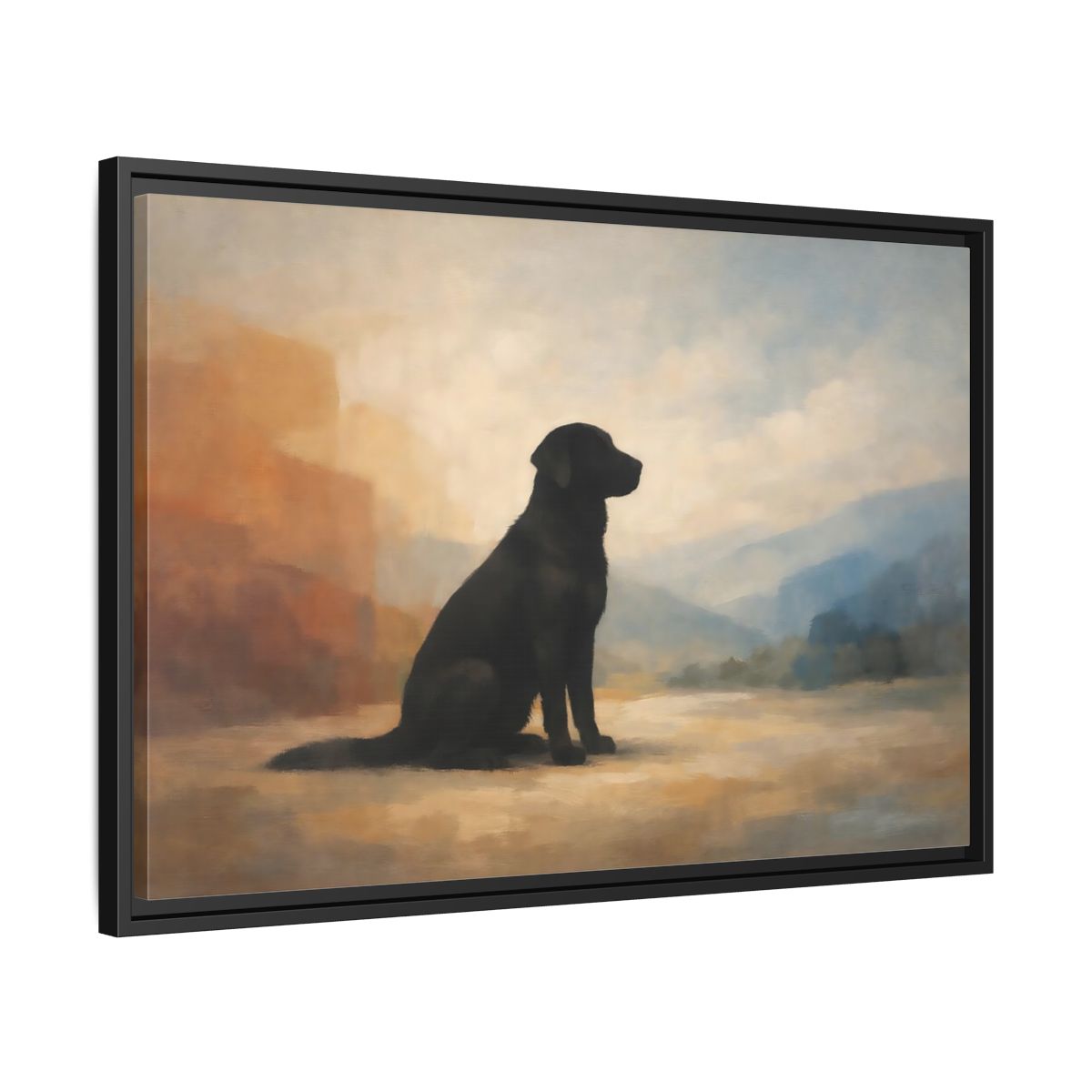 Side Mockup 14. Animals Black Labrador Black Dog Landscape shown as stretched canvas wall art