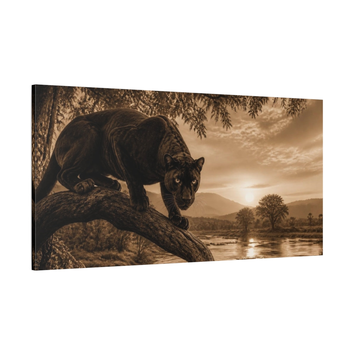 Side Mockup 2. Animals Black Panther At Sunset shown as canvas print