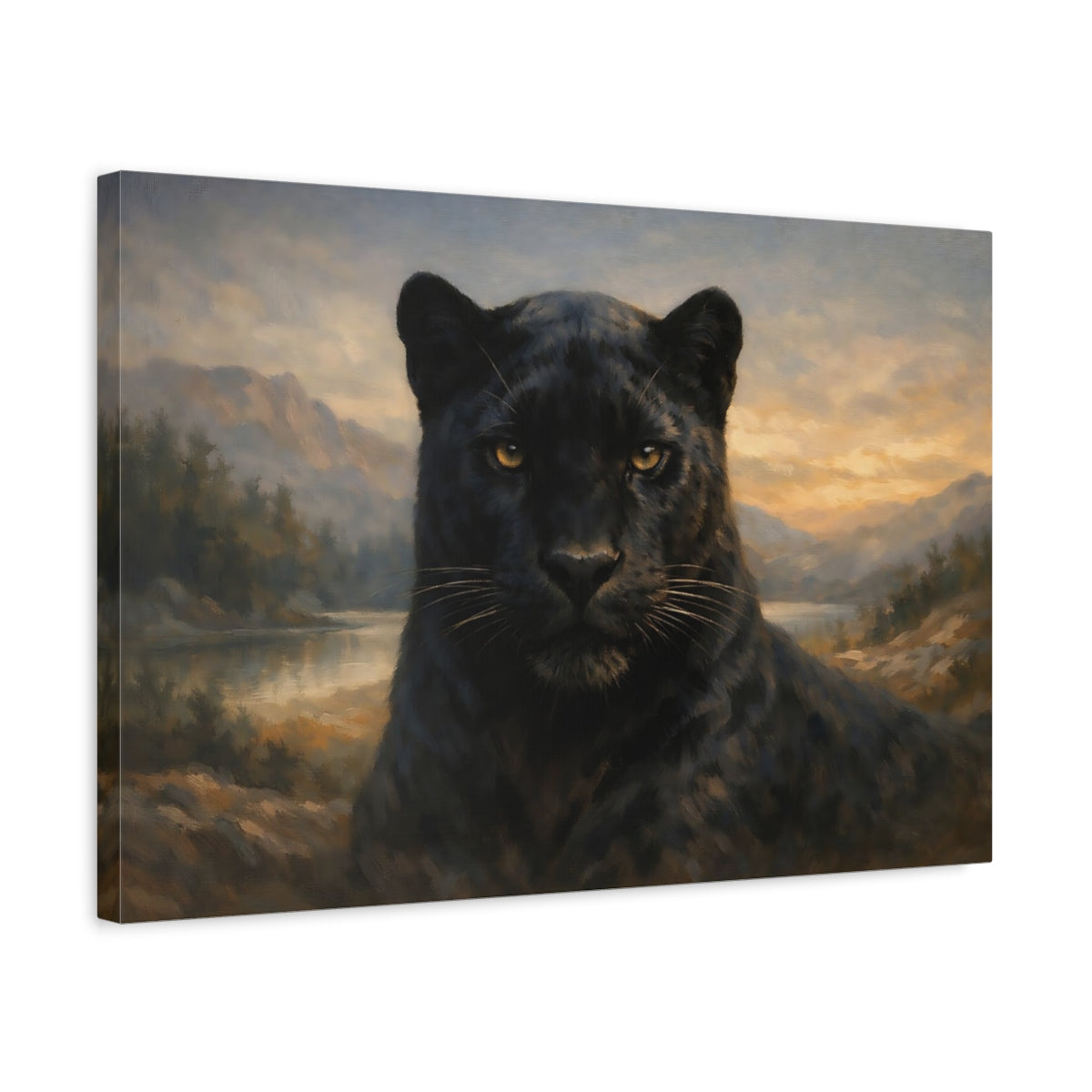 Side Mockup 3. Animals Black Panther Black Panther Landscape shown as stretched canvas wall art