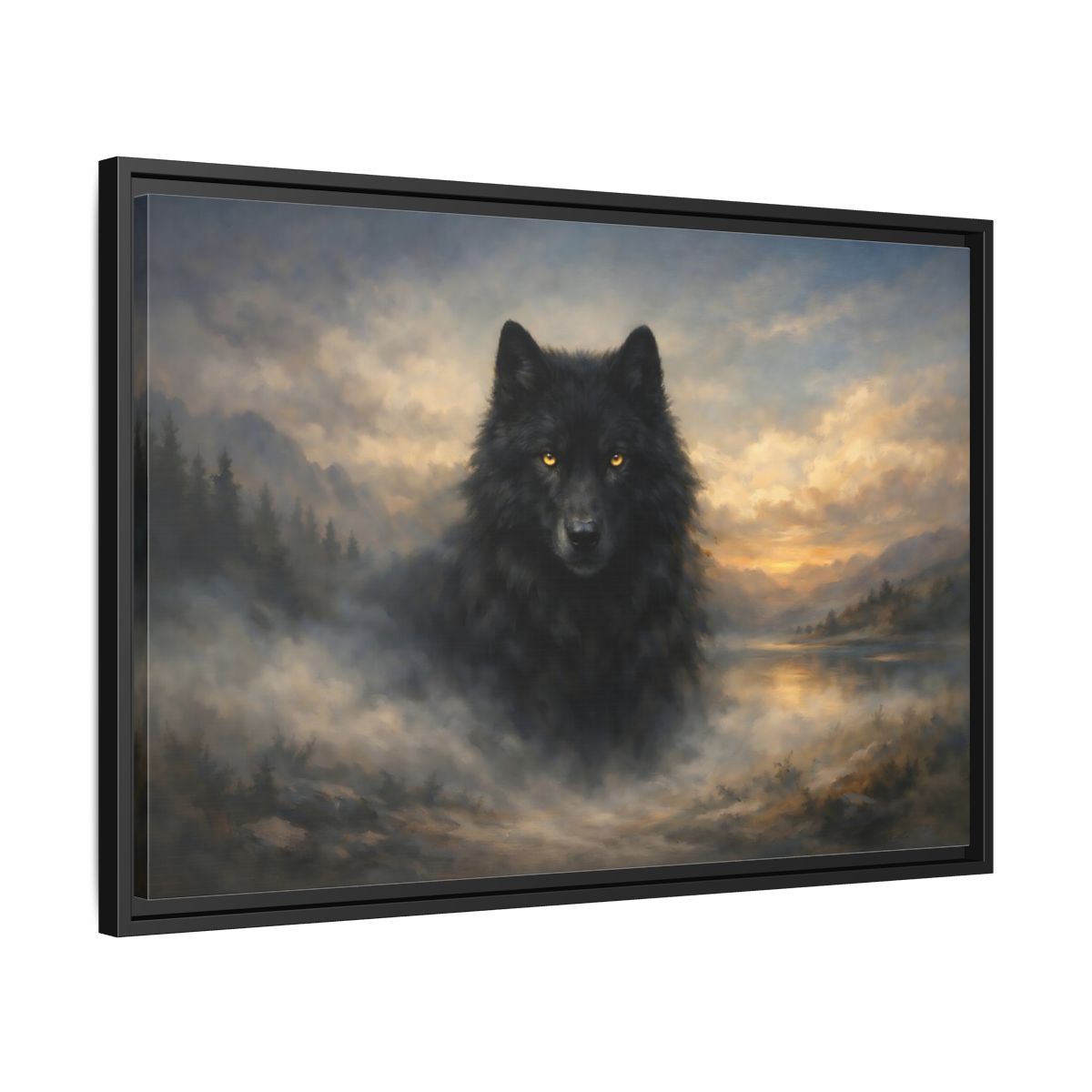 Side Mockup 14. Animals Black Wolf Black Wolf Landscape shown as stretched canvas wall art