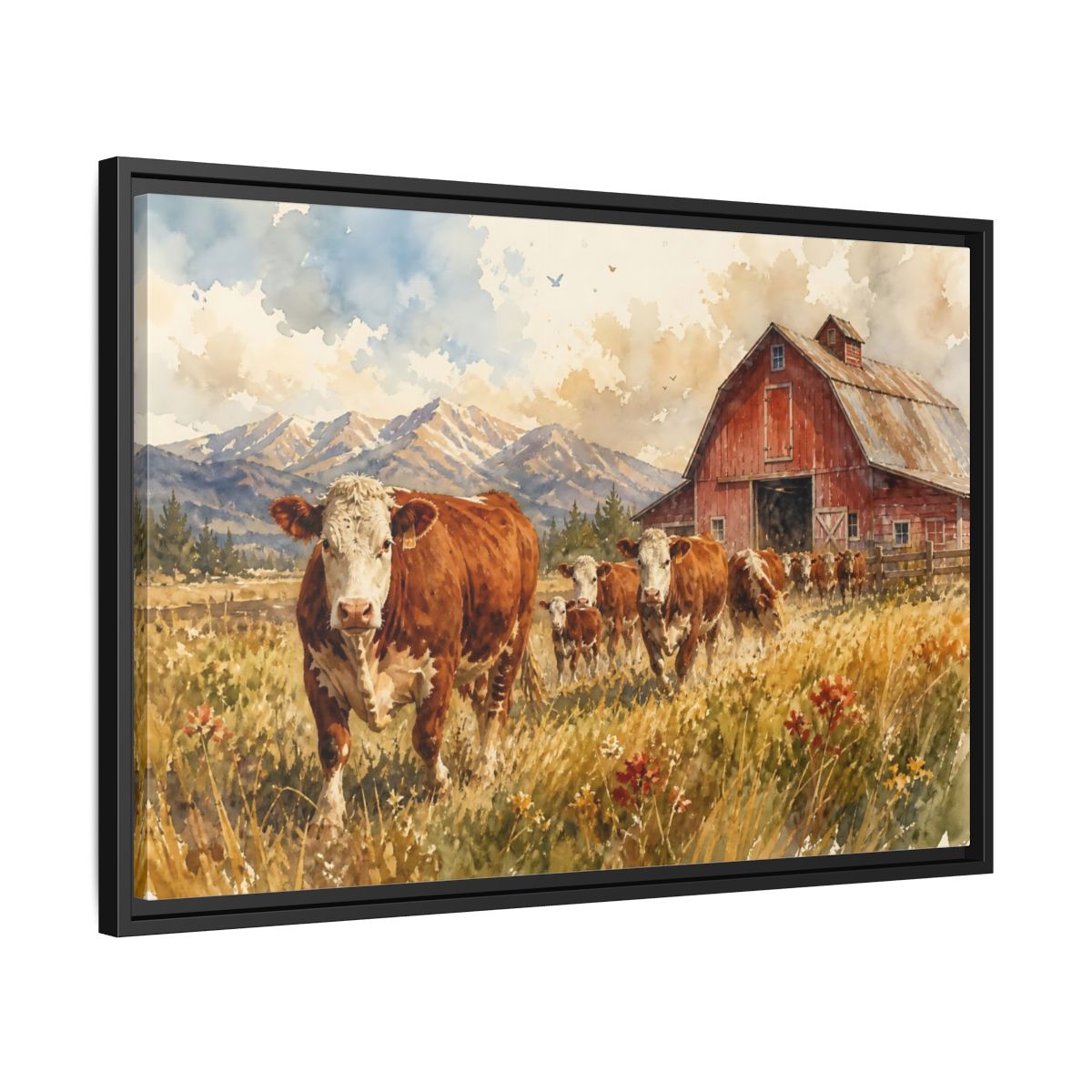 Side Mockup 14. Animals Cows Brown Cow Farm shown as stretched canvas wall art