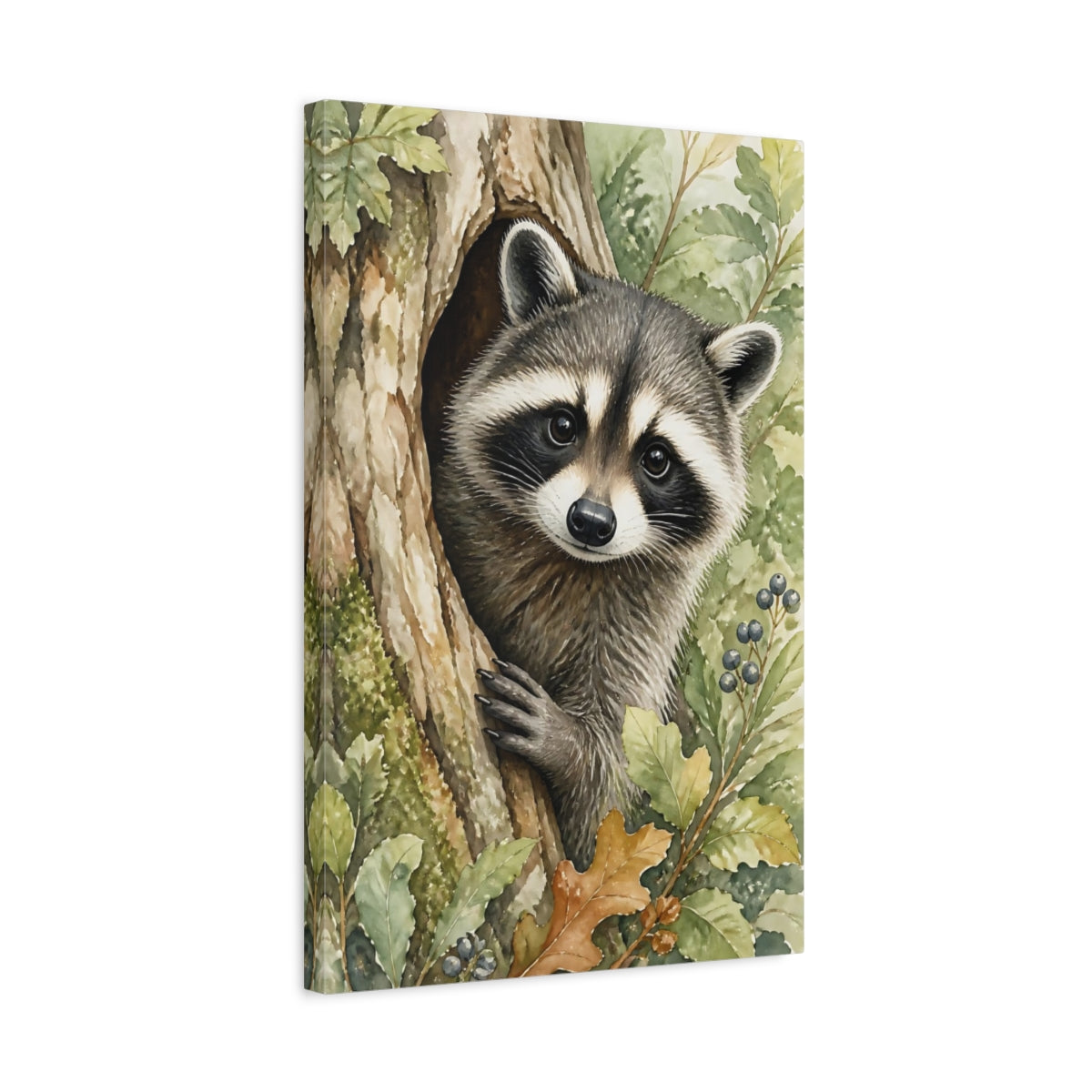 Side Mockup 3. Animals Curious Raccoon In Tree Hollow shown as canvas print