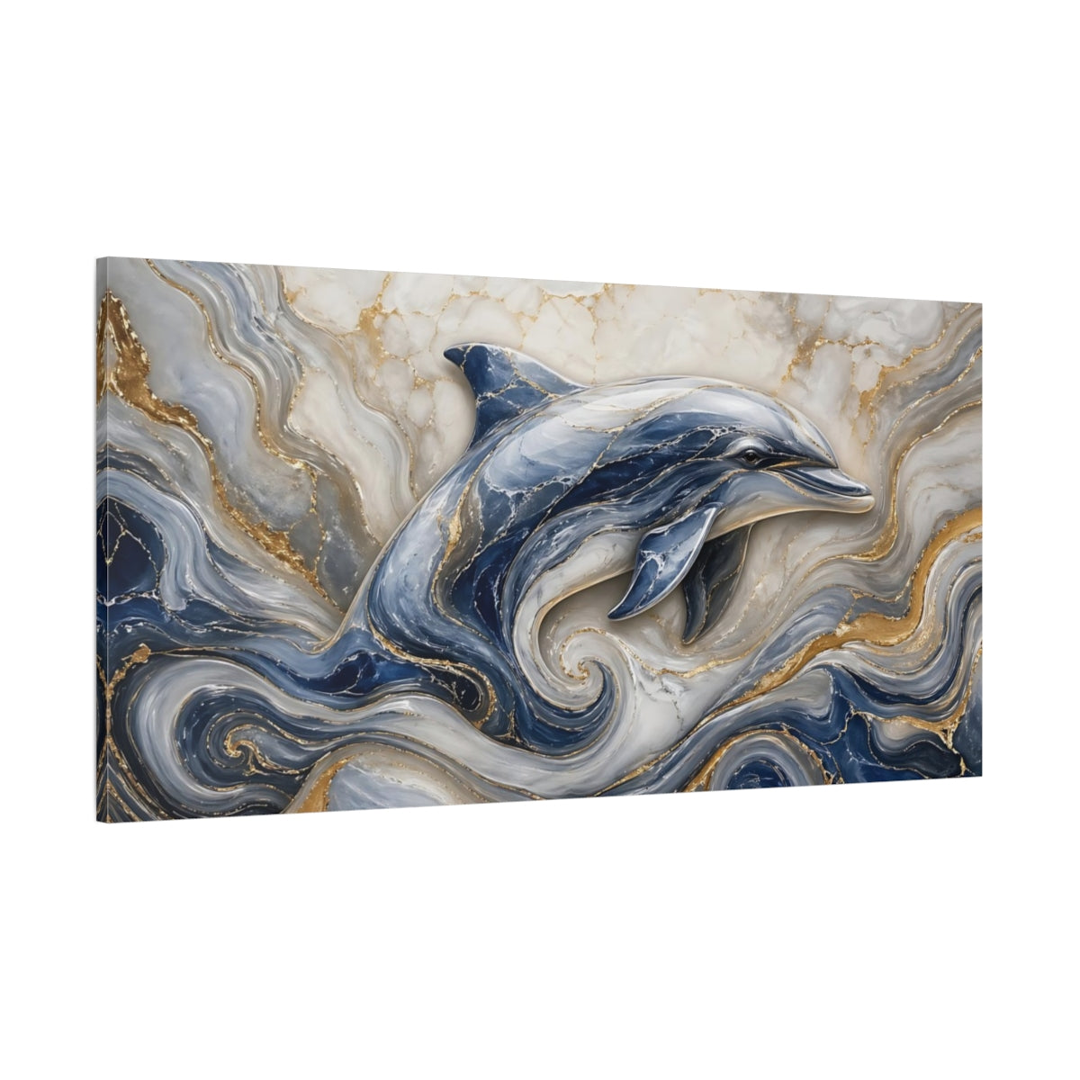 Side Mockup 2. Animals Dolphin Blue And Gold Dolphin shown as stretched canvas wall art