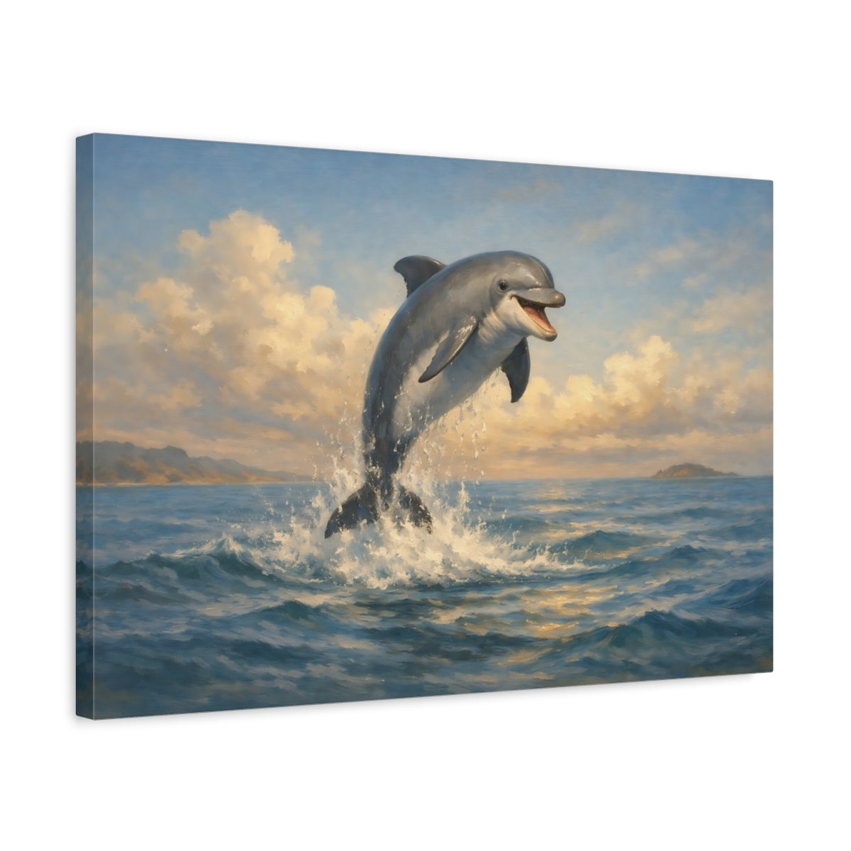 Side Mockup 3. Animals Dolphin Blue Ocean Dolphin shown as stretched canvas wall art