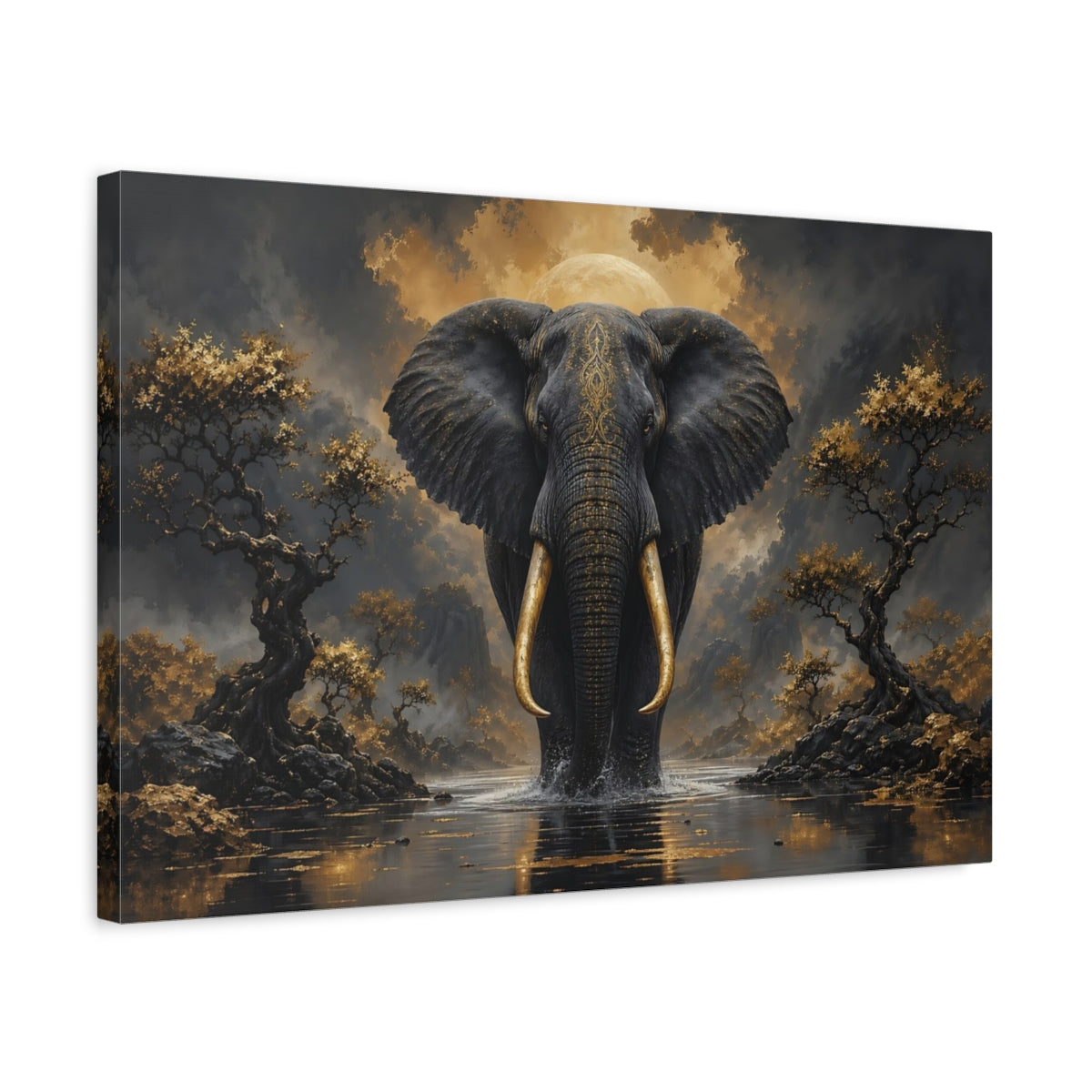 Side Mockup 3. Animals Elephant Black And Gold shown as stretched canvas wall art