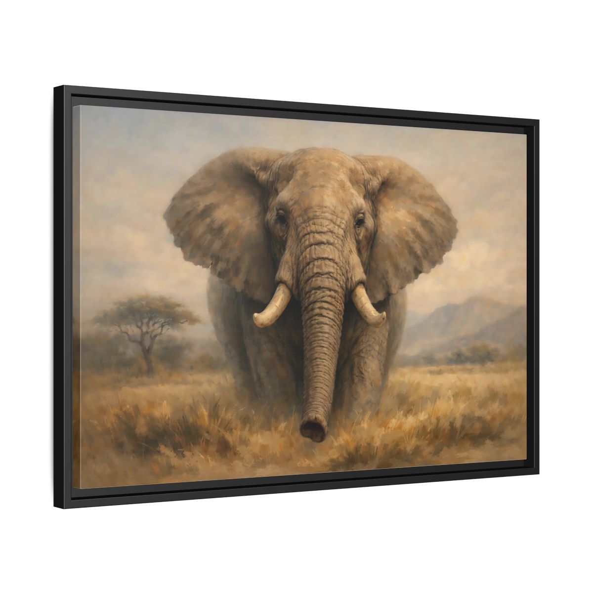 Side Mockup 14. Animals Elephant Brown And Beige shown as stretched canvas wall art