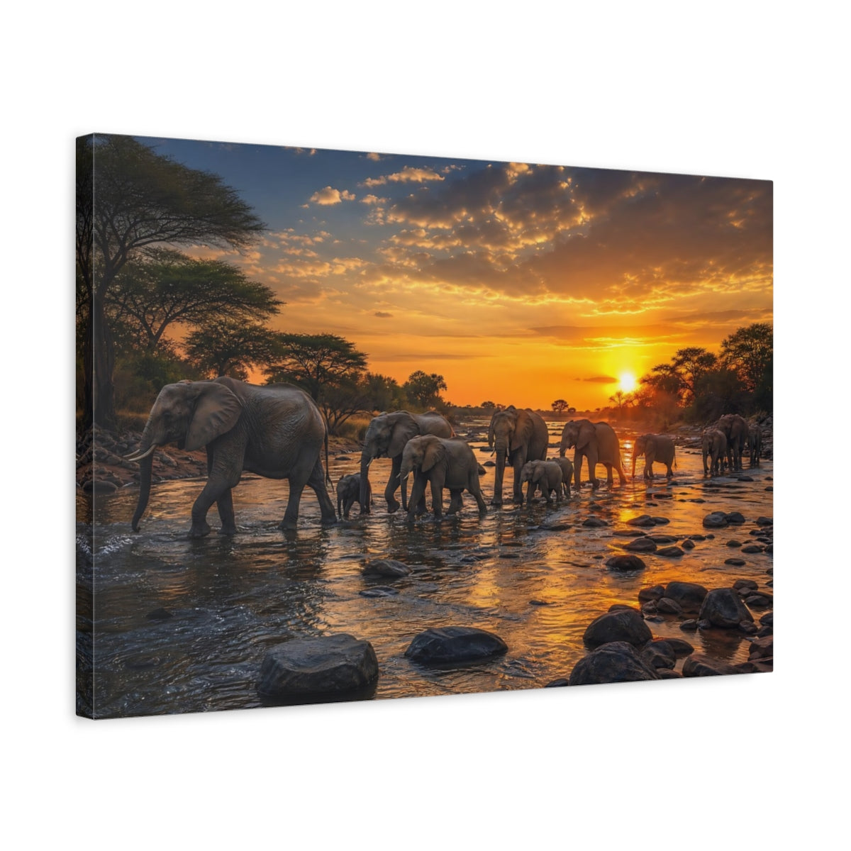 Side Mockup 3. Animals Elephants Elephant Sunset shown as stretched canvas wall art