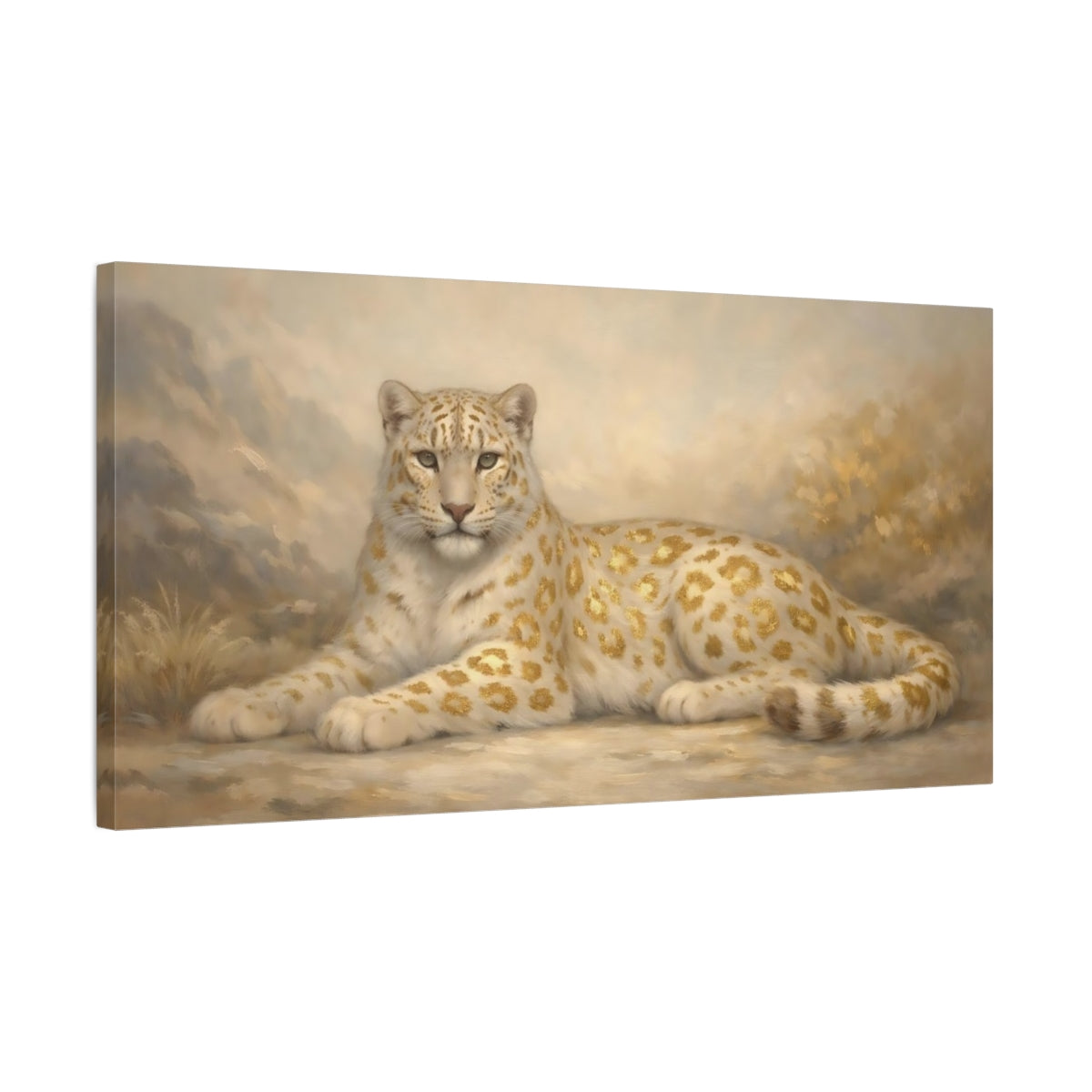 Side Mockup 2. Animals Golden Leopard White And Gold Leopard shown as stretched canvas wall art
