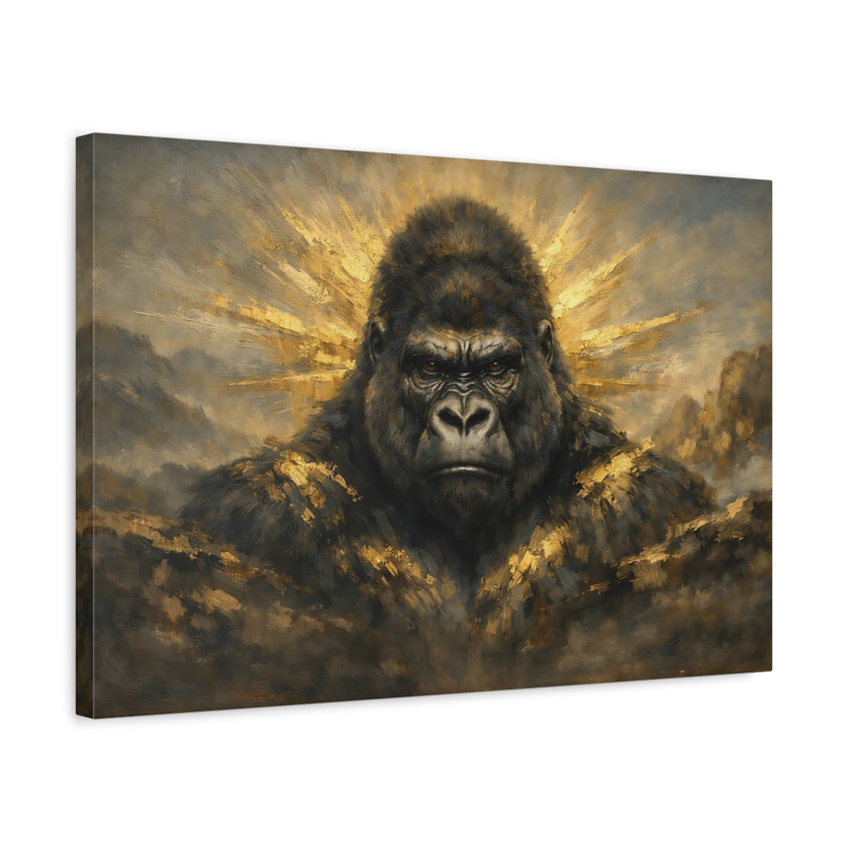 Side Mockup 3. Animals Gorilla Gold And Black Gorilla shown as stretched canvas wall art