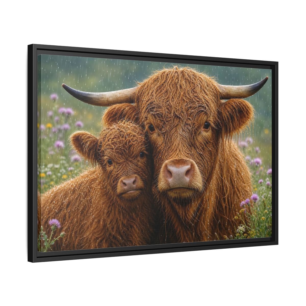 Animals Highland Cattle Brown Framed Canvas Wall Art Print – Realistic Living Room, Large - YesArtYes