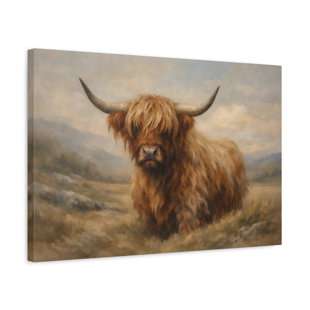Side Mockup 3. Animals Highland Cow Brown And Tan shown as stretched canvas wall art