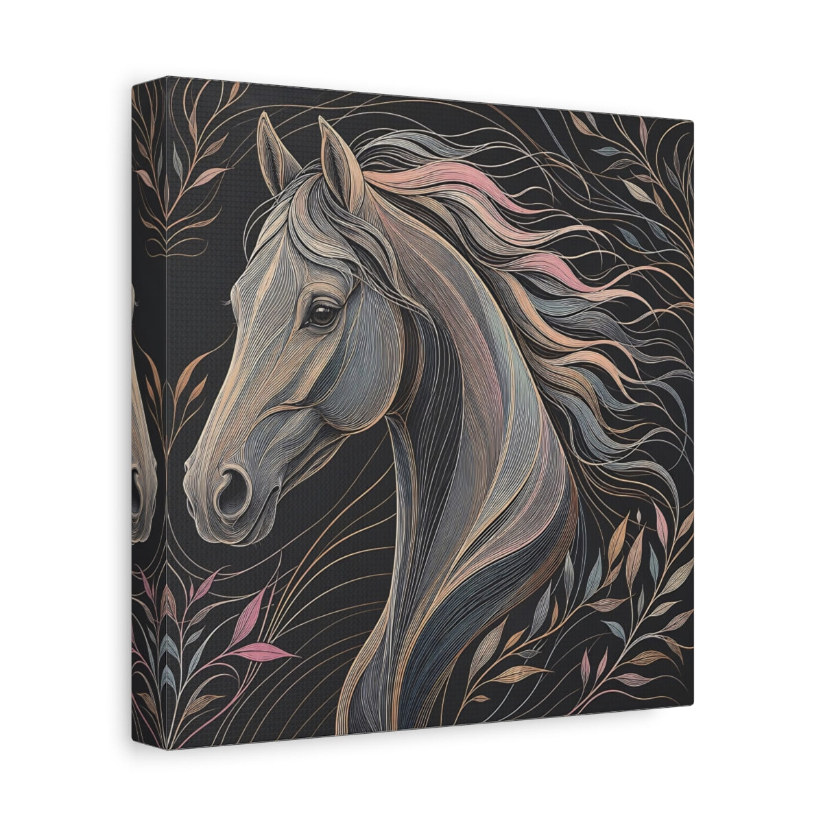 Side Mockup 9. Animals Horse Black And Pastel shown as stretched canvas wall art
