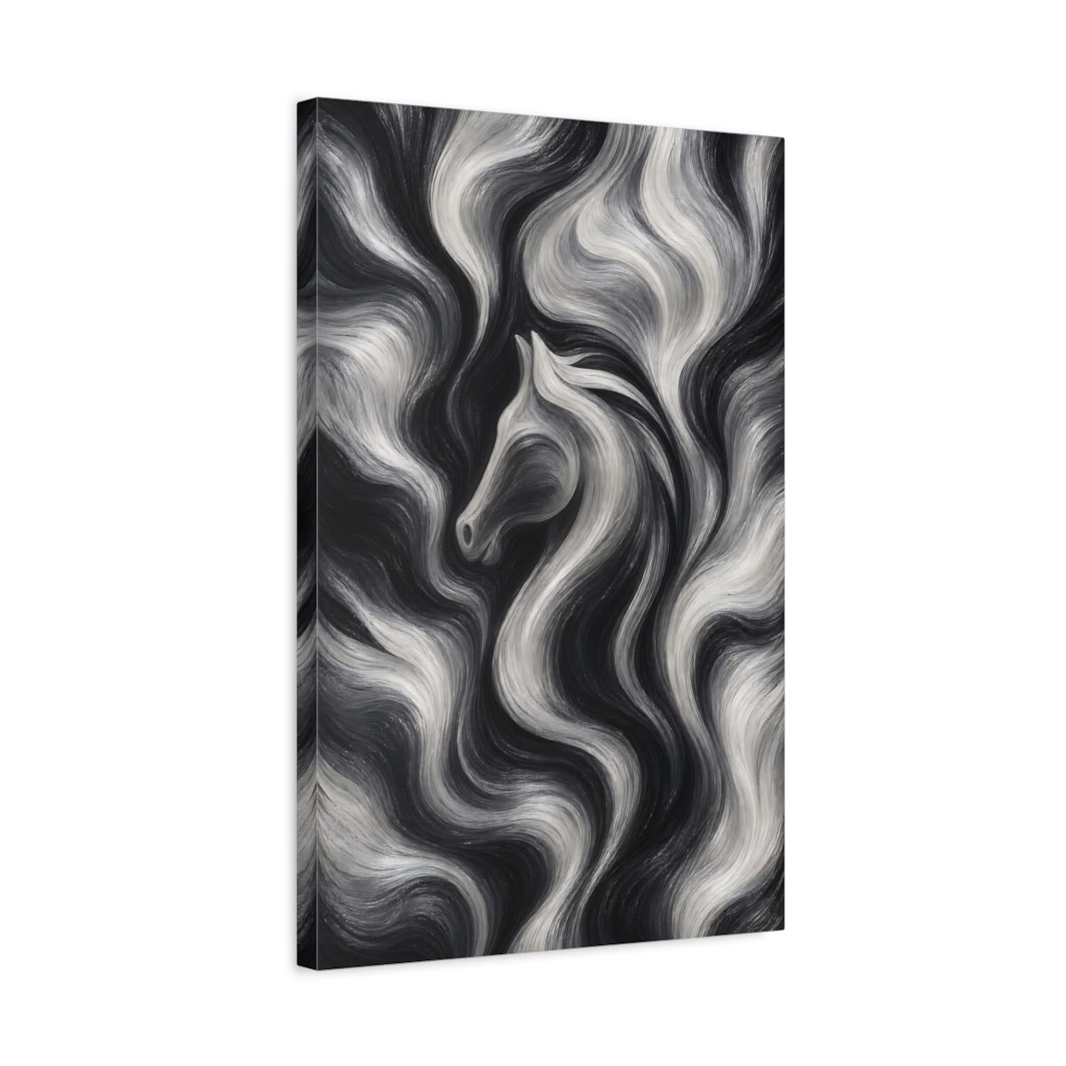 Side Mockup 3. Animals Horse Black And White shown as stretched canvas wall art