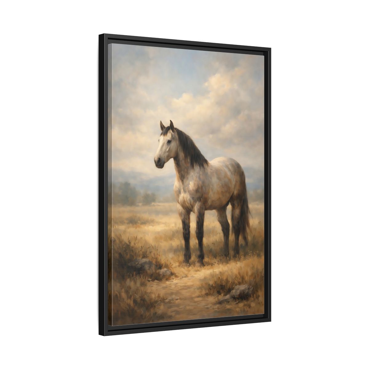 Side Mockup 14. Animals Horse Brown And Grey Horse shown as stretched canvas wall art