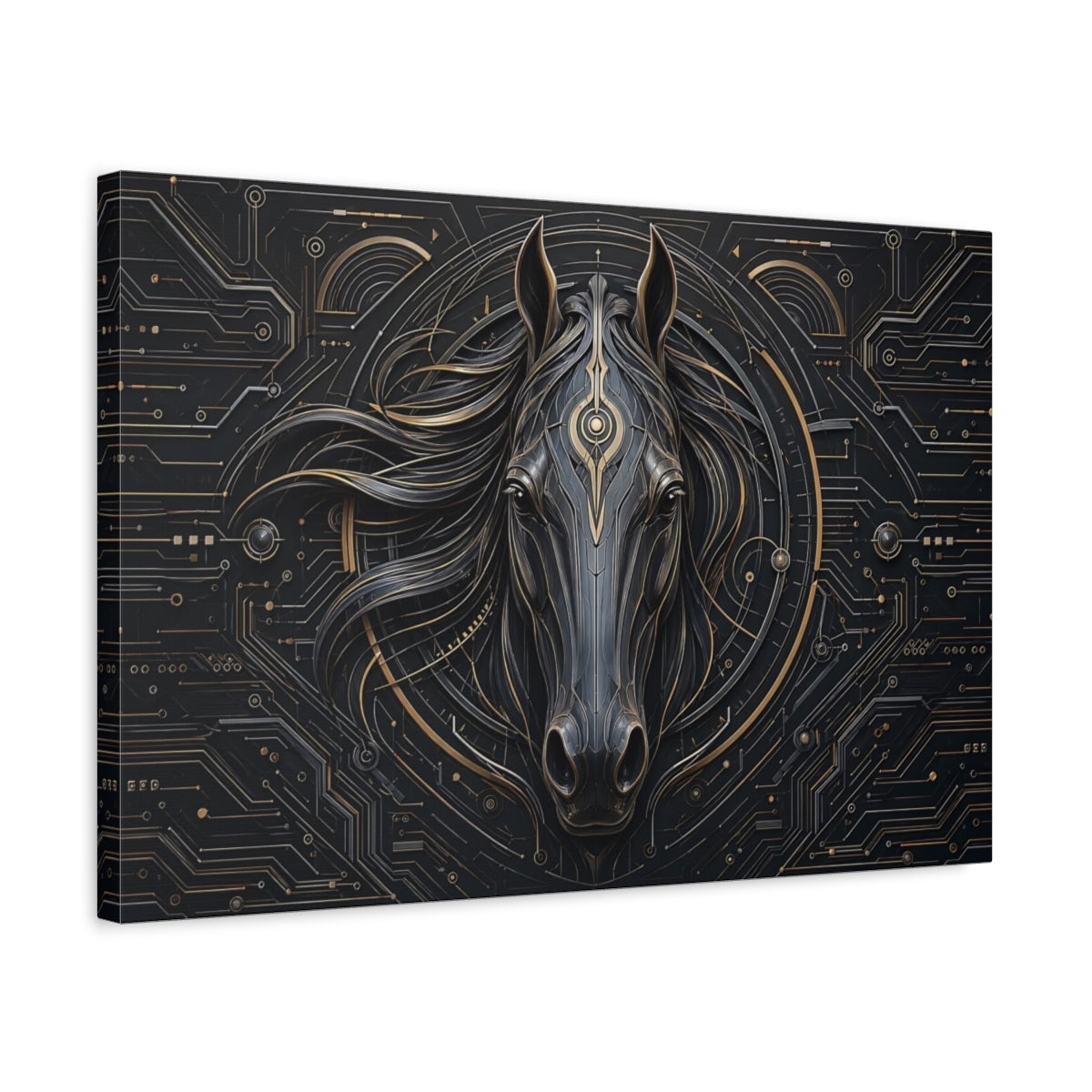 Side Mockup 3. Animals Horse Head Black And Gold Horse shown as stretched canvas wall art
