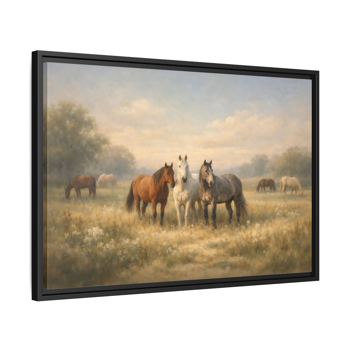 Side Mockup 14. Animals Horses Brown And Grey shown as stretched canvas wall art