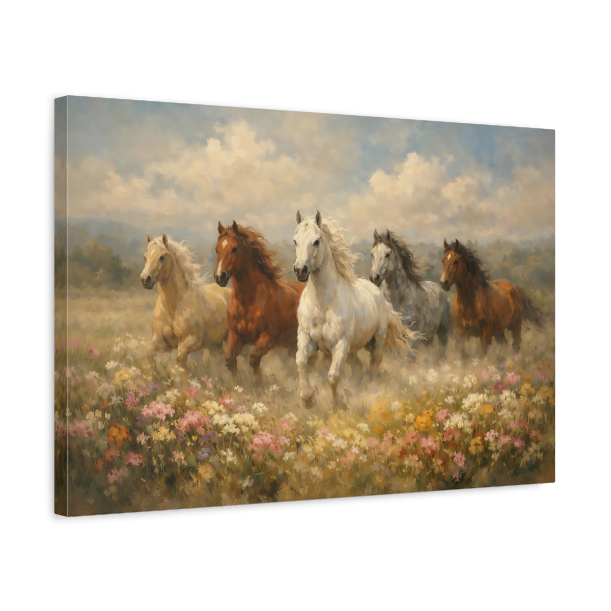 Side Mockup 3. Animals Horses Galloping Horses shown as stretched canvas wall art
